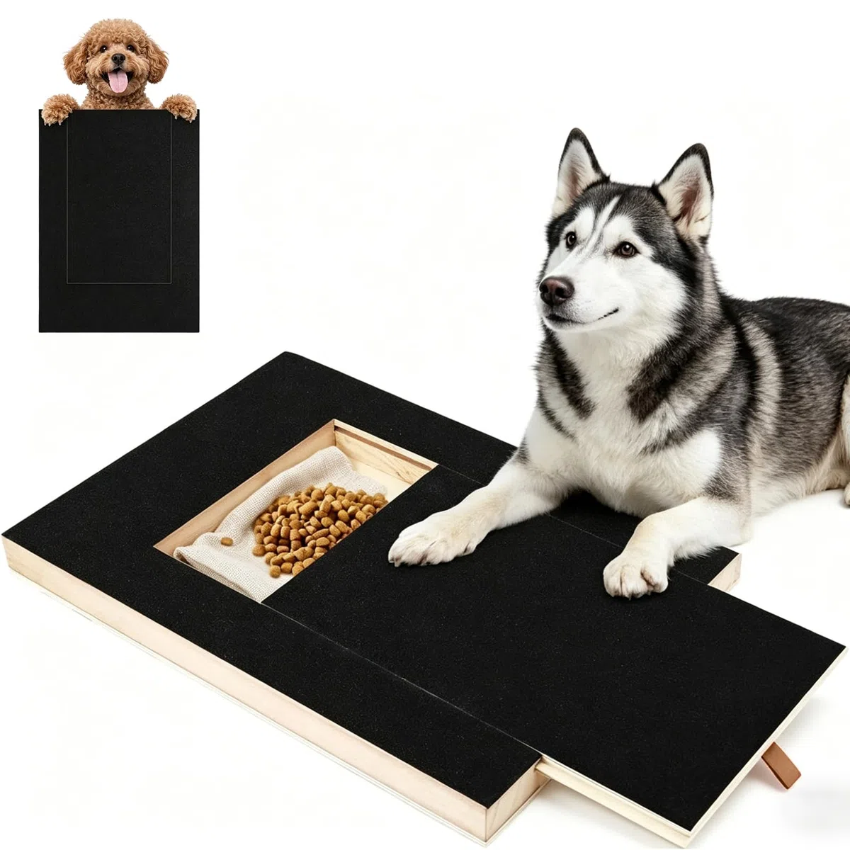 Tavola per Graffiare per Cani con Scatola per Snack, Limetta per Unghie con Carta Vetrata Sostituibile, Telaio in Legno Resistente, Strumento di Addestramento Interattivo per Cani Piccoli e Medi