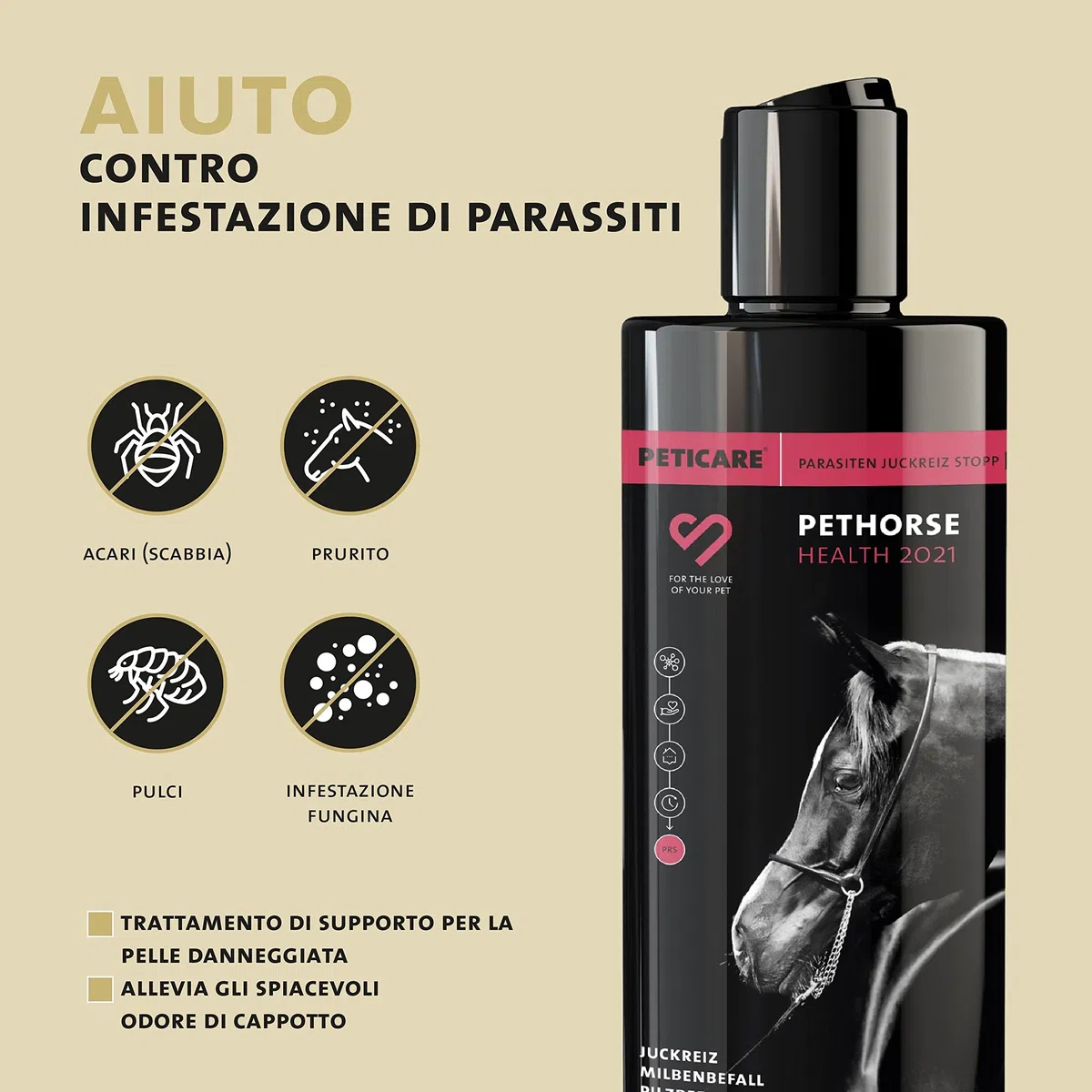Peticare Shampoo Cavalli Prurito e Acari – Scudo Cura Immediata per Parassiti – Senza Insetticidi – con Eucalipto e Proteine della Seta – Shampoo Lenitivo