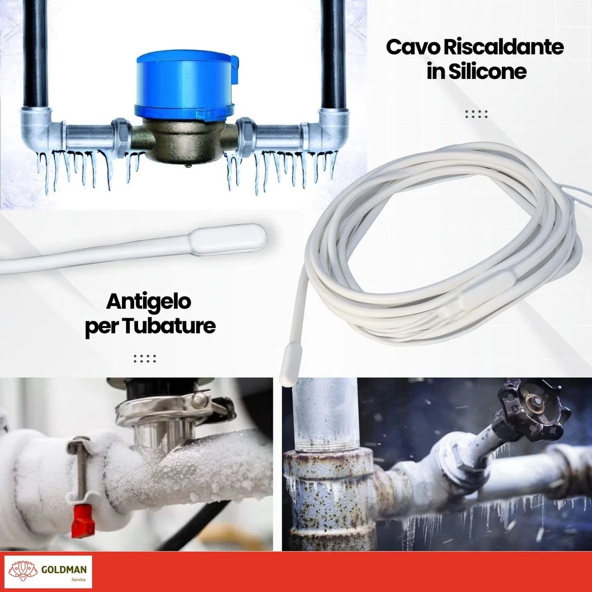 GOLDMAN SERVICE | Cavo Riscaldante Resistenza Bipolare in Silicone Anti Congelamento per Tubi | 2 Metri, 30 Watt | Incubatrici, Acquari, Rettili, Serre, Fermentazione (2 m | 30W)