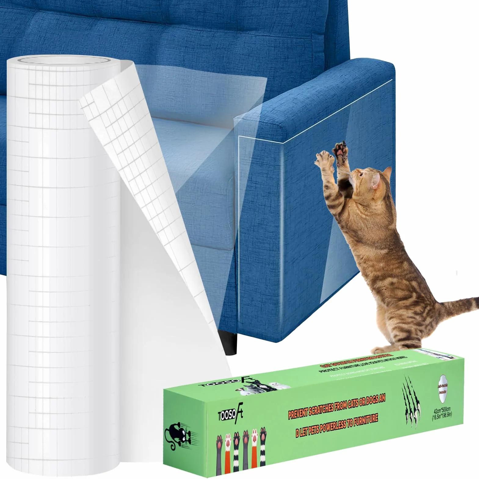 Protezione Divano Graffi Gatto Trasparente (42CMx5M): TOOSOFt PVC Antigraffio Gatto Divano Autoadesive Pellicola - Protezione Porte Graffi Cane - Pellicola Antigraffio porta cane per mobili, Letti