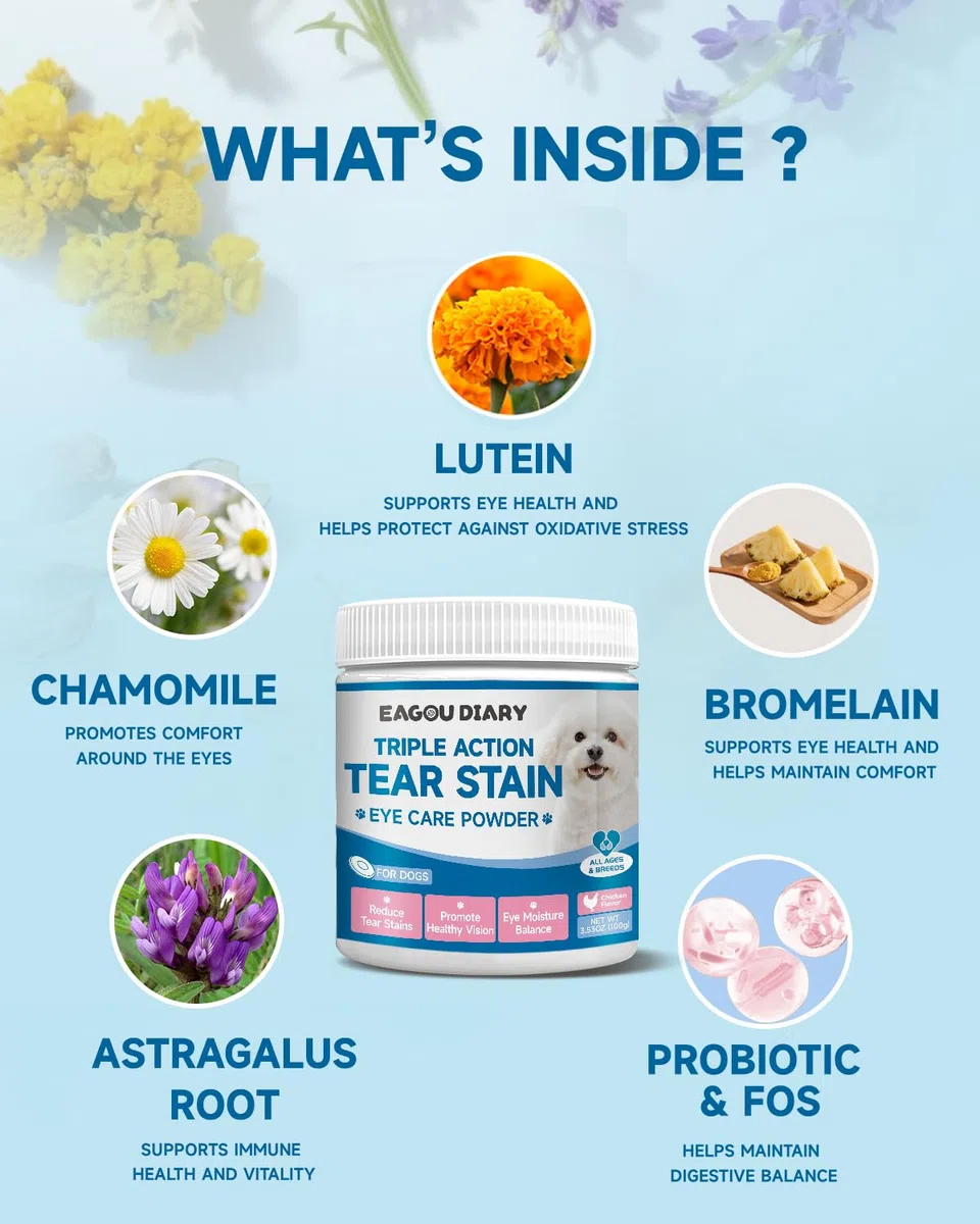 Rimuovi macchie lacrimali per cani - Integratore per macchie lacrimali dei cani, per la salute degli occhi e la cura del pelo bianco, con Luteina, Camomilla, Vitamine, Miscela di Probiotici, 100g