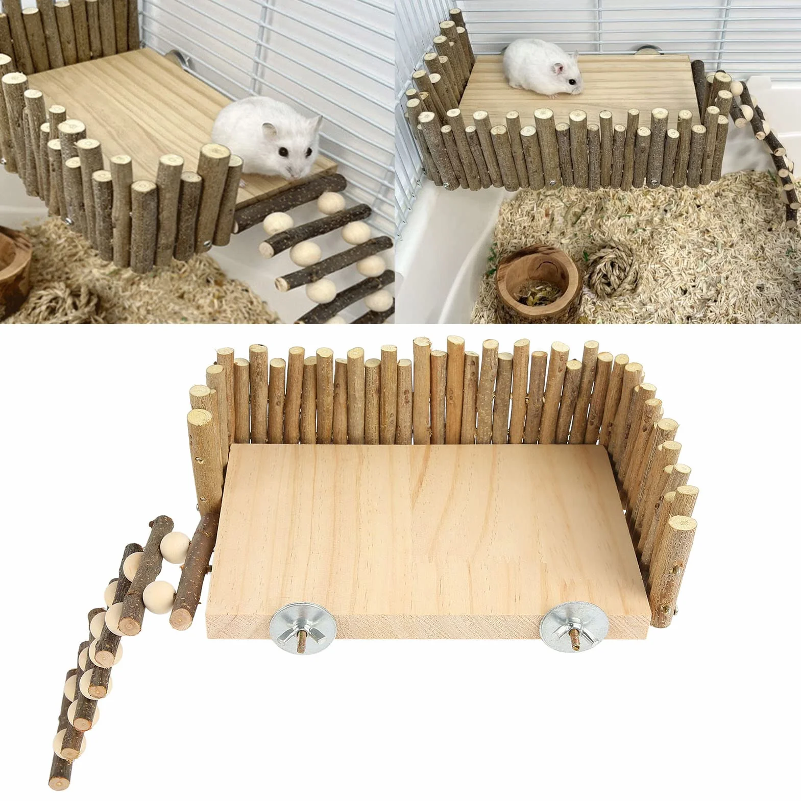 Piattaforma per Criceti, Materiale da Arrampicata Parco Giochi per Piccoli Animali Domestici, Struttura per Arrampicata in Legno per Criceti con Recinzione per Pappagalli, (Tipo di vite)