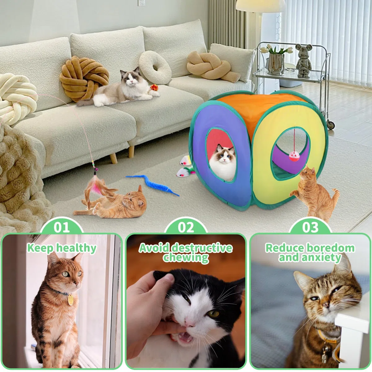 Set di 30 giocattoli per gatti, con tunnel per gatti, piume, peluche, topolini, giocattoli per gattini, cuccioli e gattini