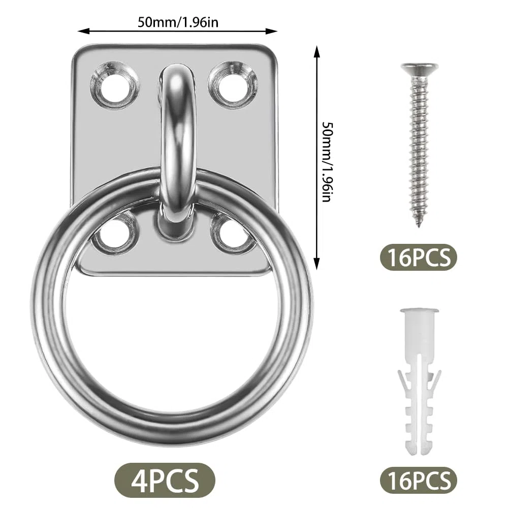4 anelli per cravatta su piastra 50 mm x 50 mm, anello resistente per reti per fieno per cavalli, per legare animali, raccordi per corda per terrazze, piastra con occhielli con viti per