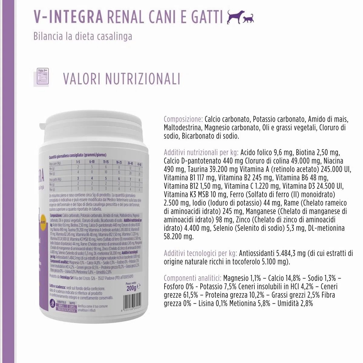V-INTEGRA Renal Met (con Metionina) - Integratore Completo Ricco di Vitamine e Minerali, per la Dieta Casalinga di Cani e Gatti che Richiedono una Restrizione di Fosforo - 200g - Made in Italy