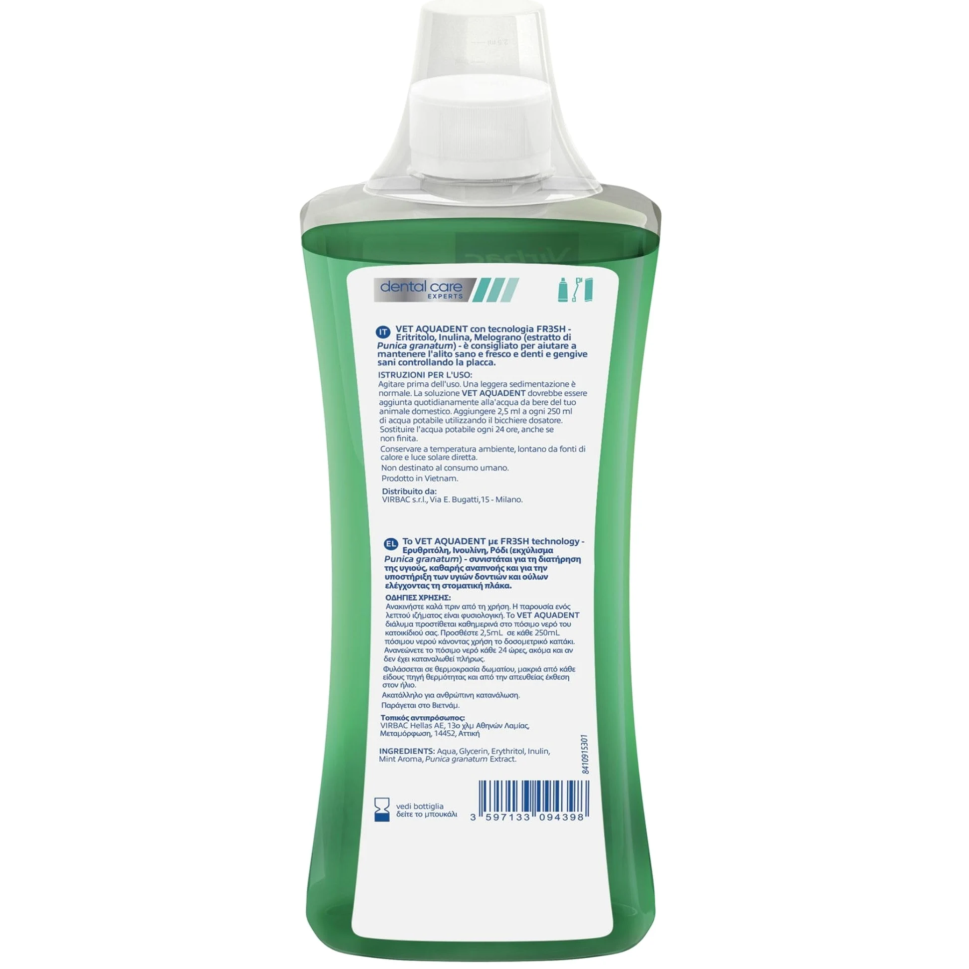 Virbac Aquadent, soluzione per l'igiene dentale di cani e gatti, aroma di menta, flacone da 500 ml