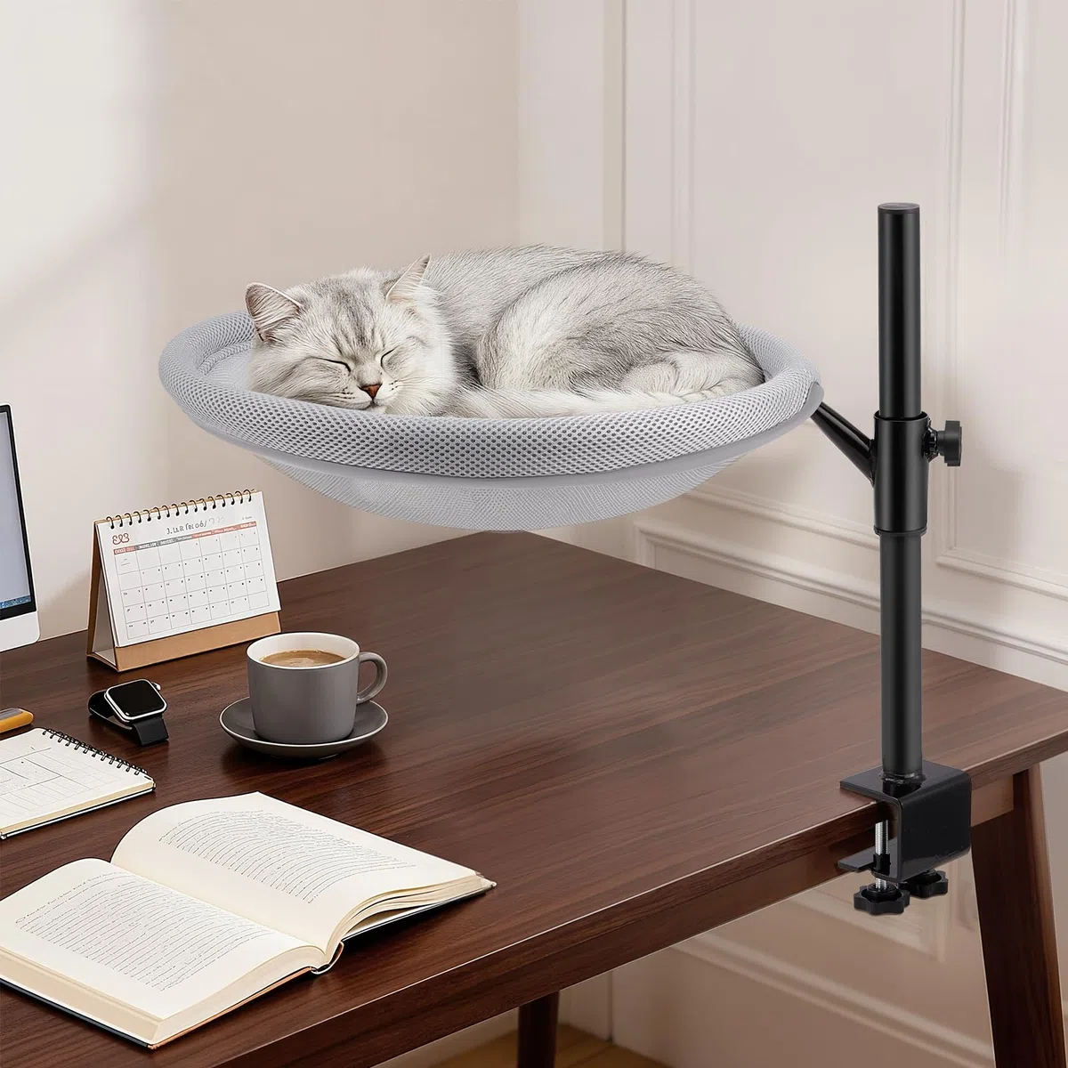 Lettino per Gatti da Scrivania, Cuccia per Gatti da Scrivania con Rotazione a 360°, Altezza Regolabile, Tessuto a Rete, Fodera Lavabile, per Ufficio a Casa, Fino a 19 kg/42lb