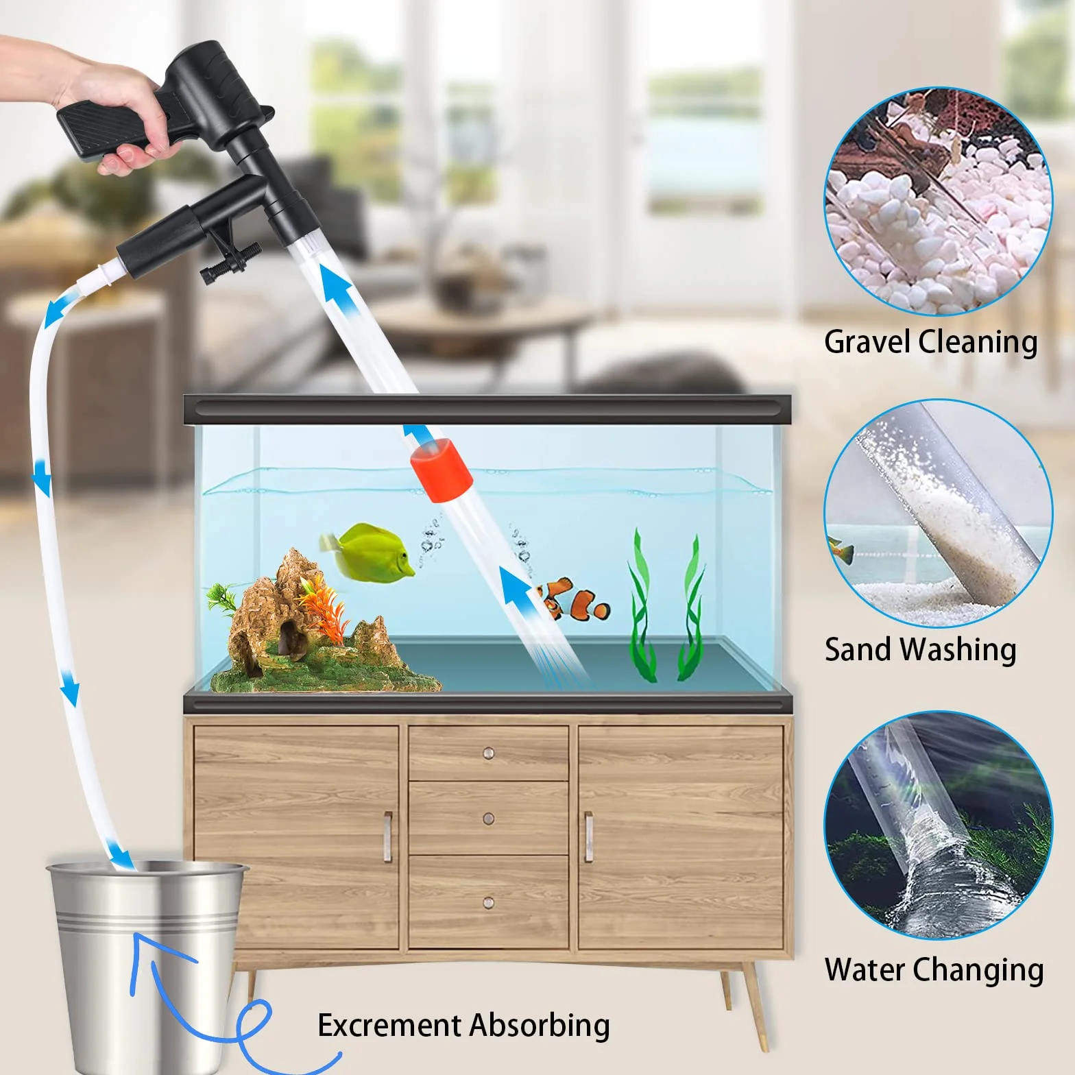 Pulizia Acquario Ghiaia, 5 in 1 Kit di Pulizia per Cambio d'Acqua Filtro con Pulsante di Pressione dell'Aria, Multifunzione Sifone Aspirapolvere Pulitore per Ghiaia per Cambia l'acqua, Succhia Sporco