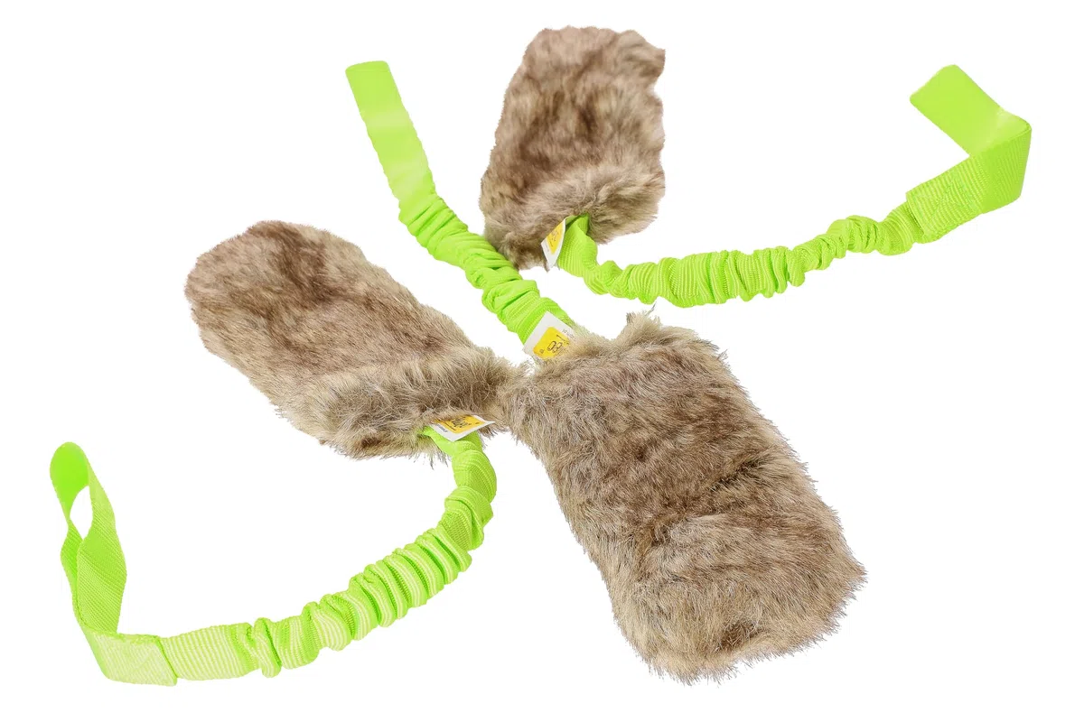 DINGO Set: 3 x Giocattoli da Caccia in Pelliccia Sintetica – Teaser con Squittio, Manico Elastico 55 cm, per Agility, Addestramento del Cane, Corsa e Gioco, Verde (Z30028)