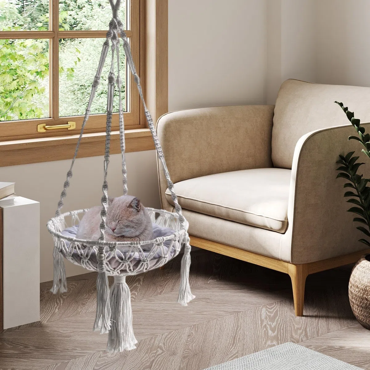 Amaca per gatti macramè, intrecciata, morbida struttura a corda, cuccia per gatti appesa a parete, altalena per gatti fatta a mano, cestino decorativo in stile bohémien, per piccoli animali domestici
