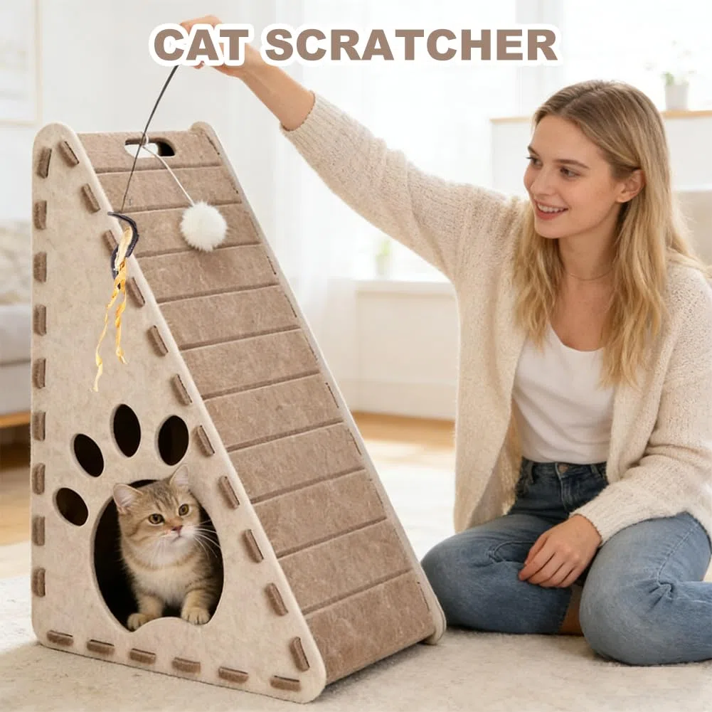 3 in 1 Cat Scratching Board & Felt Triangle Cat House – Vertical Cat Scratcher for Indoor Cats, Scratch Play Rest Cat Furniture, Sturdy Easy Clean Cat Scratcher with Ball Toy