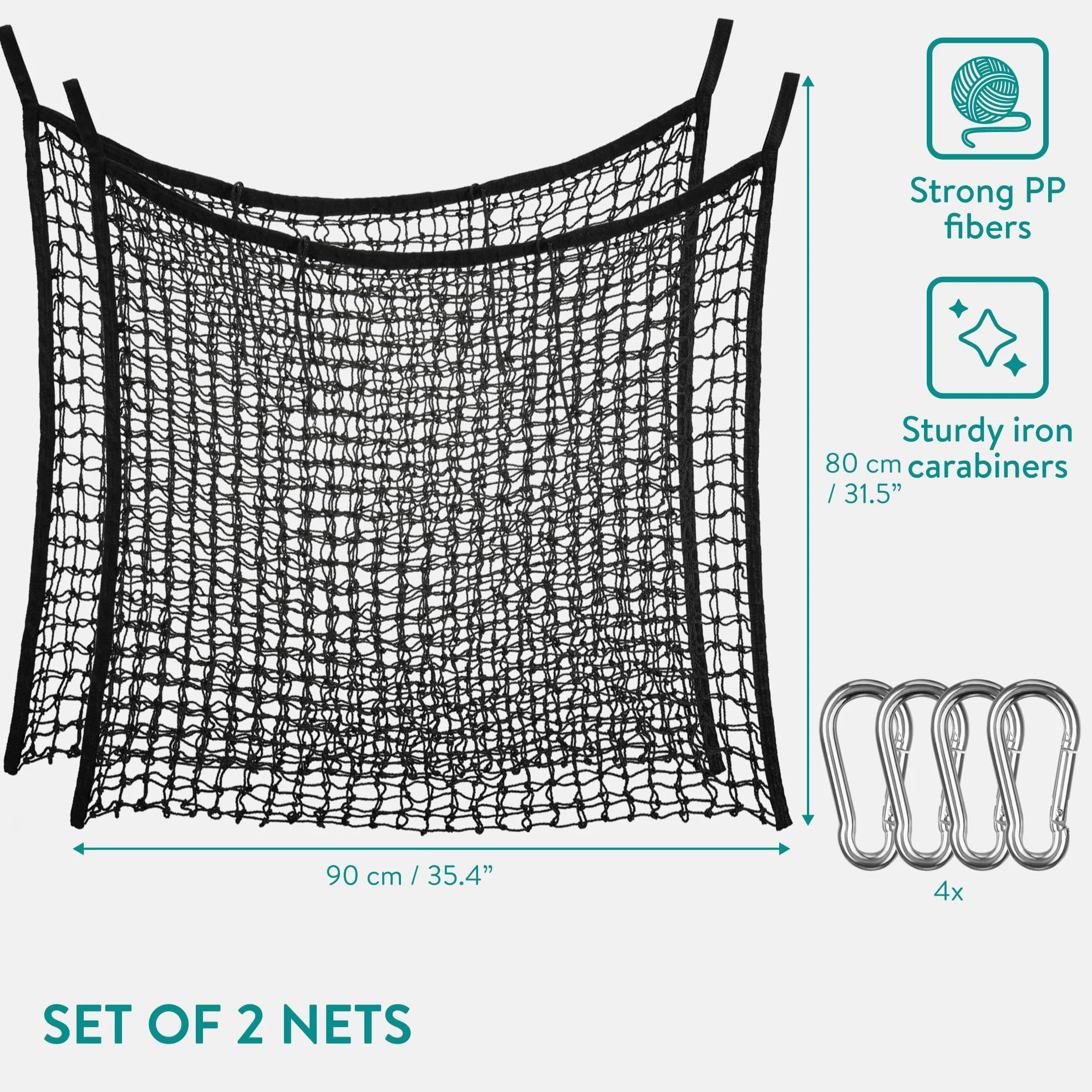 Navaris Rete da Fieno per Cavalli - Set 2X Reti per Alimentazione Lenta 80 x 90 cm - Slow Feeder per Mangiatoia Cavallo con Moschettoni - Maglia 3 x 3 cm - capacità 10 kg - Nero