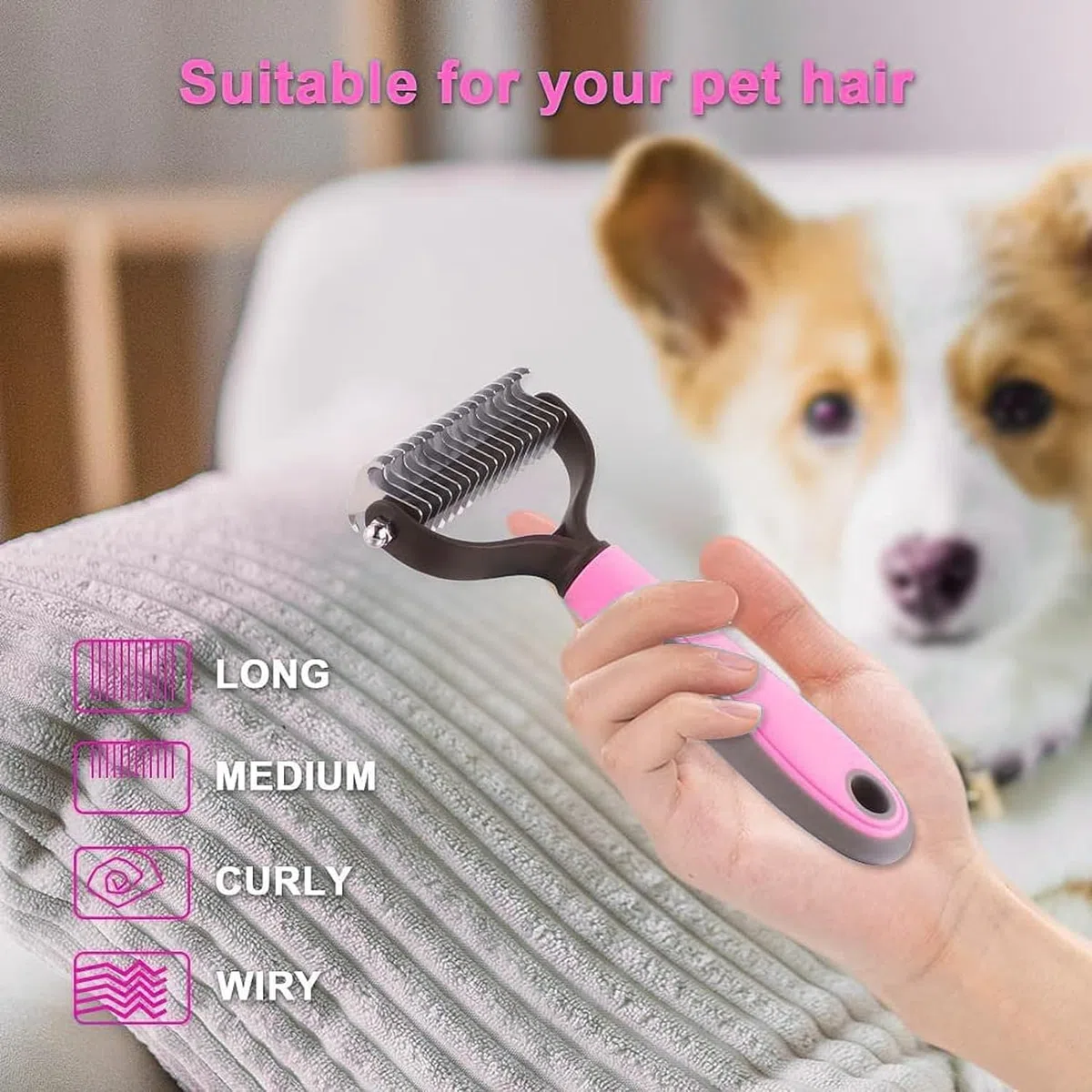 Spazzola per Cani Pelo Lungo, Spazzola Gatto Deshedding Brush Animali Acciaio Inossidabile Doppia Faccia Strumento di Deshedding Animali per Cane/Gatto Pelo Lungo, Medio e Corto (Pink)