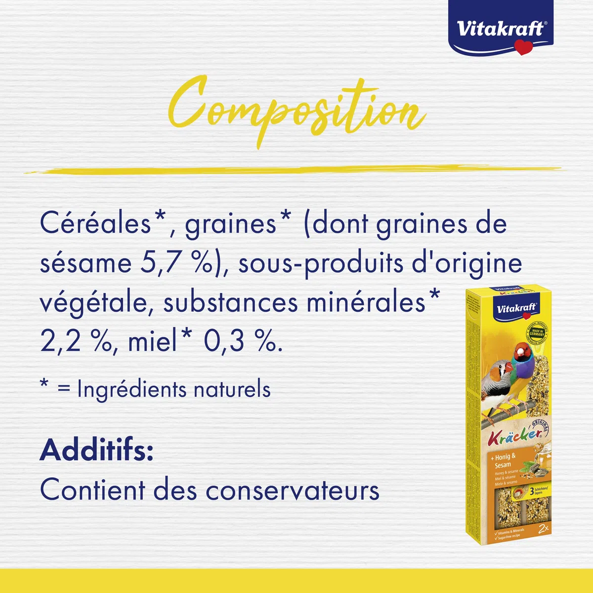 Vitakraft Kräcker, Snack per Uccelli, per Uccelli esotici, Bastoncini da sgranocchiare, con Miele e Sesamo, da Appendere nella gabbietta, Senza l'aggiunta di zuccheri (10x 60g)
