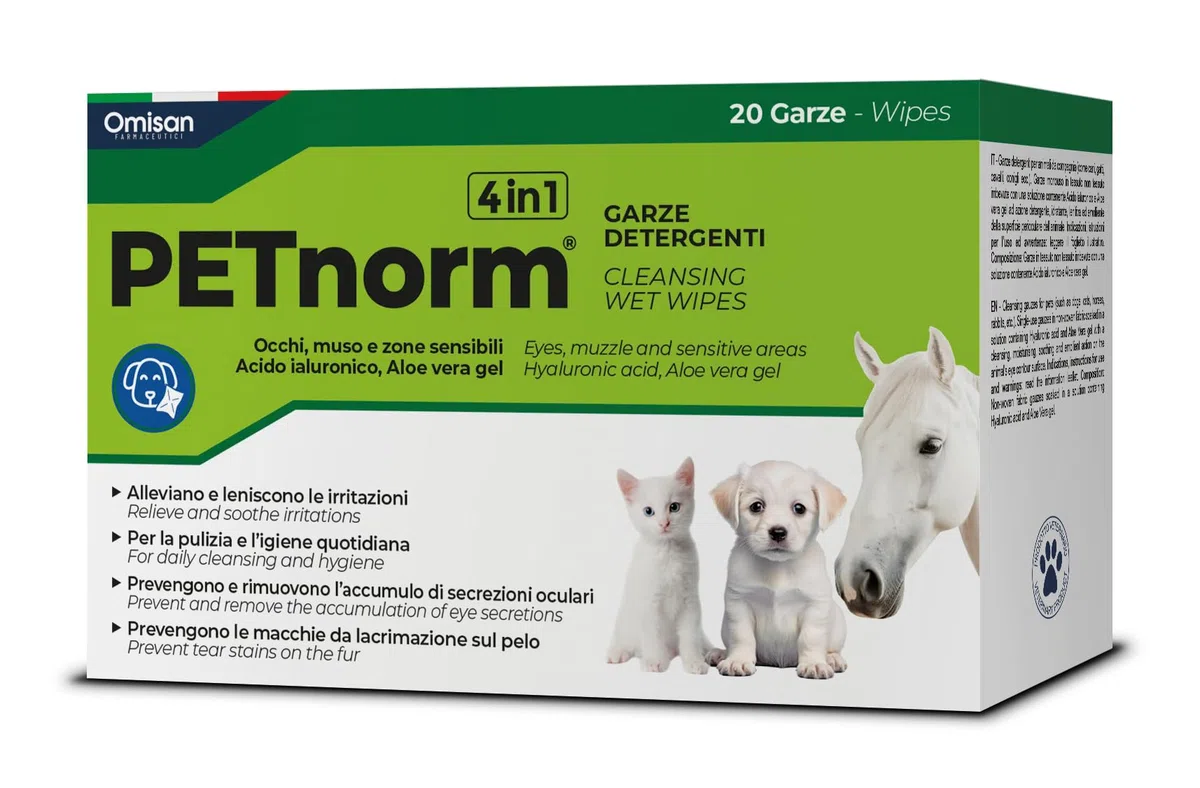 Garze Oculari 4in1 Detergenti Delicate - Pulizia Contorno Occhi, Macchie da Lacrimazione, Idratanti. Cani,Gatti, Animali da Compagnia. Con Acido ialuronico+Aloe - 20 Garze Monouso