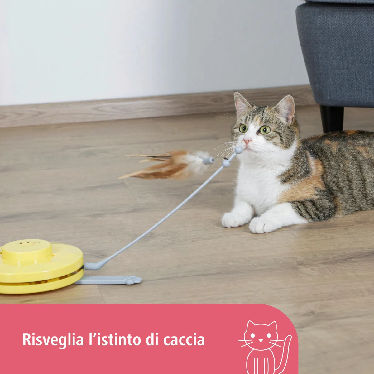 Kerbl Pet Giocattoli per Gatti 2 in 1 Catch The Tail Feather, Giallo, Grigio, 70x53x5cm, Nylon, Gatti, Funzione di spegnimento Automatico, Antiscivolo
