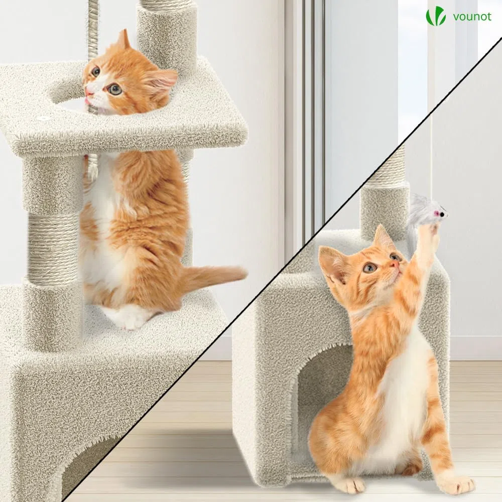 VOUNOT® Tiragraffi per Gatti, Albero Tiragraffi Gatto in Corda Sisal Naturale con Giocattolo Gioco, Altezza 88cm, Beige