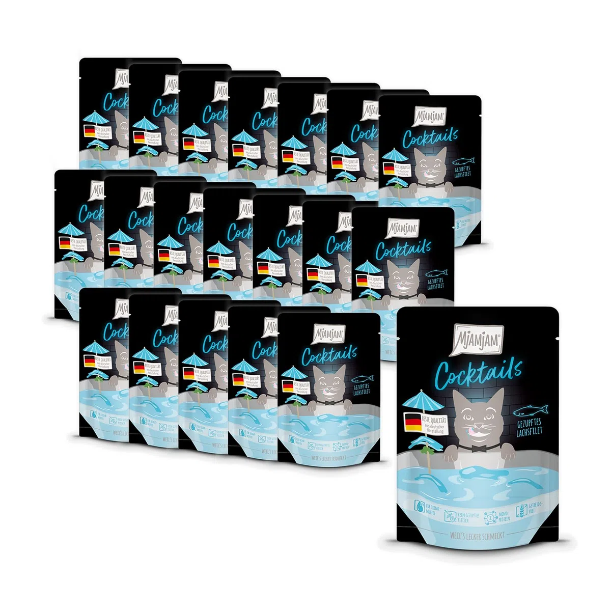 MjAMjAM - Deliziosa bevanda per gatti - Cocktails – Filetto di salmone sfilacciato, Confezione da 20 (20x40), senza cereali
