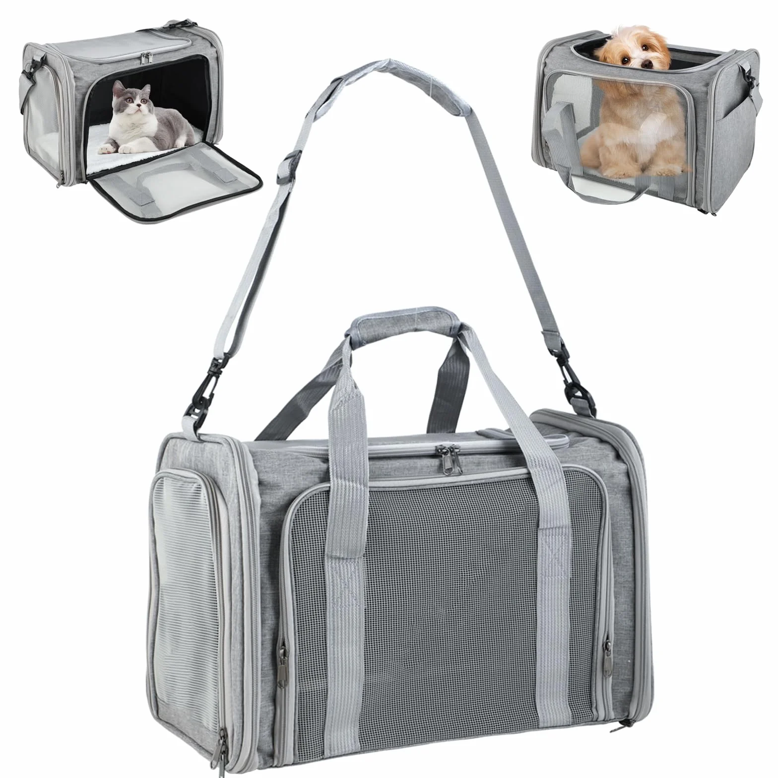 Trasportino Gatto Pieghevole – Borsa per Cani Leggera e Traspirante – Trasportino per Viaggi/Auto con Cintura Regolabile (Grigio)