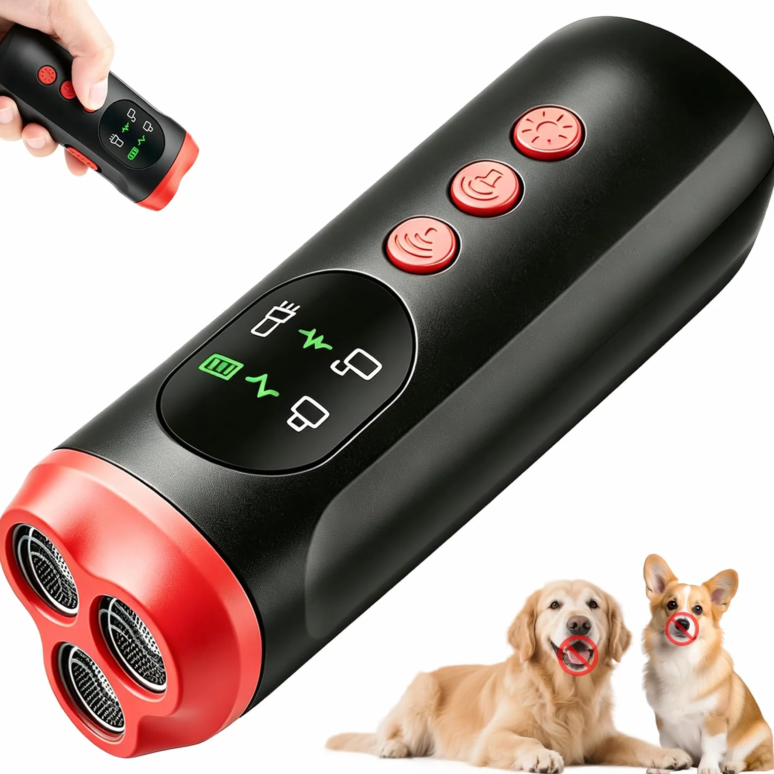 Dispositivo anti-abbaio per cani, deterrente per l'abbaio ad ultrasuoni, portata 10,7 m, dispositivo di controllo dell'abbaio ricaricabile con display HD e torcia a LED, sicuro per cani di