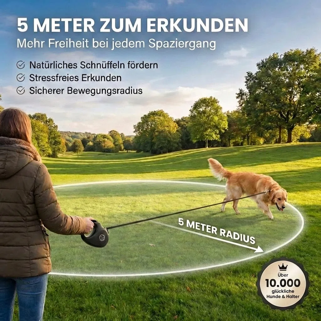 HUND IST KÖNIG Guinzaglio per cani, 5 m, per cani di piccola e grande, di alta qualità, allungabile con comoda impugnatura, robusto guinzaglio estraibile, 15-50 kg