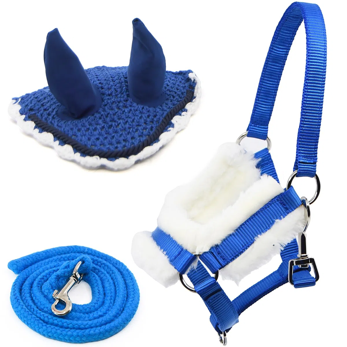 Hobby Horse - Set di accessori con cavezza peluche blu con longhina e cappuccio anti-insetti blu per attività di Hobby Horsing.