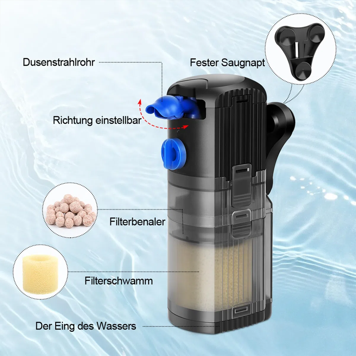 OMECO Filtro Interno per Acquario, Pompa Filtro Silenzioso 500 L/h, 8 W, 40 DB, Regolabile con Ossigeno, Accessori per Filtrazione, 30 L, 60 L, 120 L