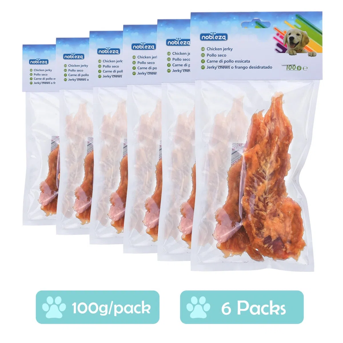 Nobleza - Dolci per cani, petto di pollo di alta qualità, carne secca naturale senza additivi, dolcetti per l'educazione dei cuccioli, confezione da 6, 600 g
