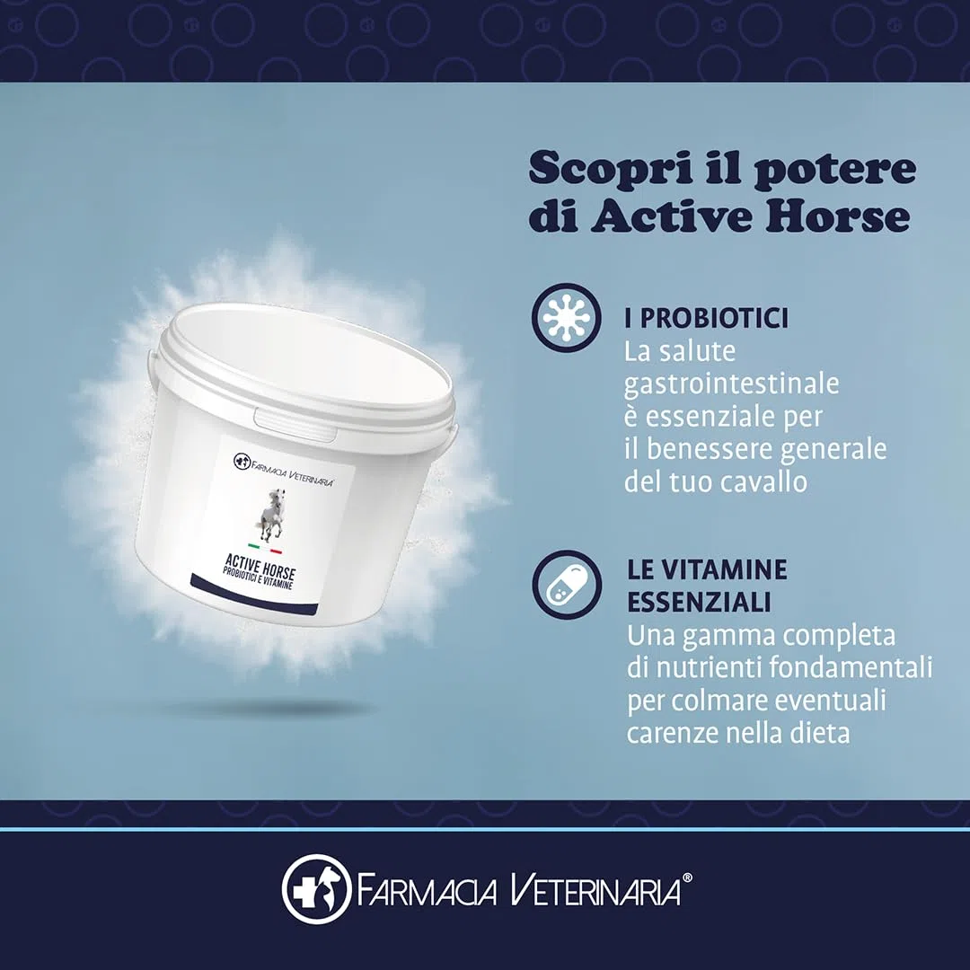Farmacia Veterinaria Active Horse Probiotici e Vitamine. Rafforza le Difese Immunitarie e Previene Problemi Gastrointestinali. Potenzia il Metabolismo. Previene le Coliche Integratore per Cavalli 1Kg