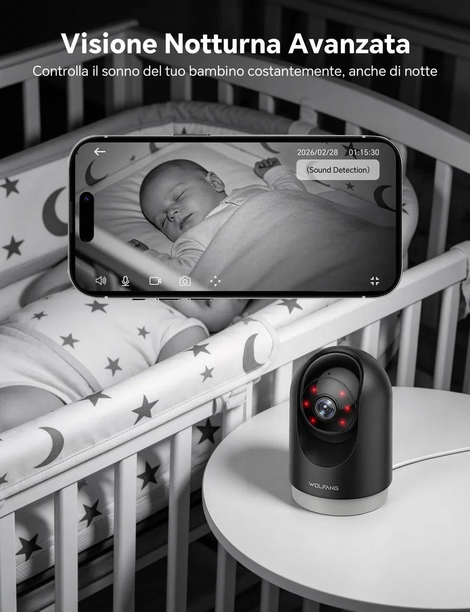 WOLFANG Telecamera Wi-Fi Interno 2K, Telecamera per Cani con Rilevamento Movimento e Visione Notturna, Baby Monitor con Audio Bidirezionale, Compatibile con Alexa/Google, Senza Canone Mensile, 2 Pezzi