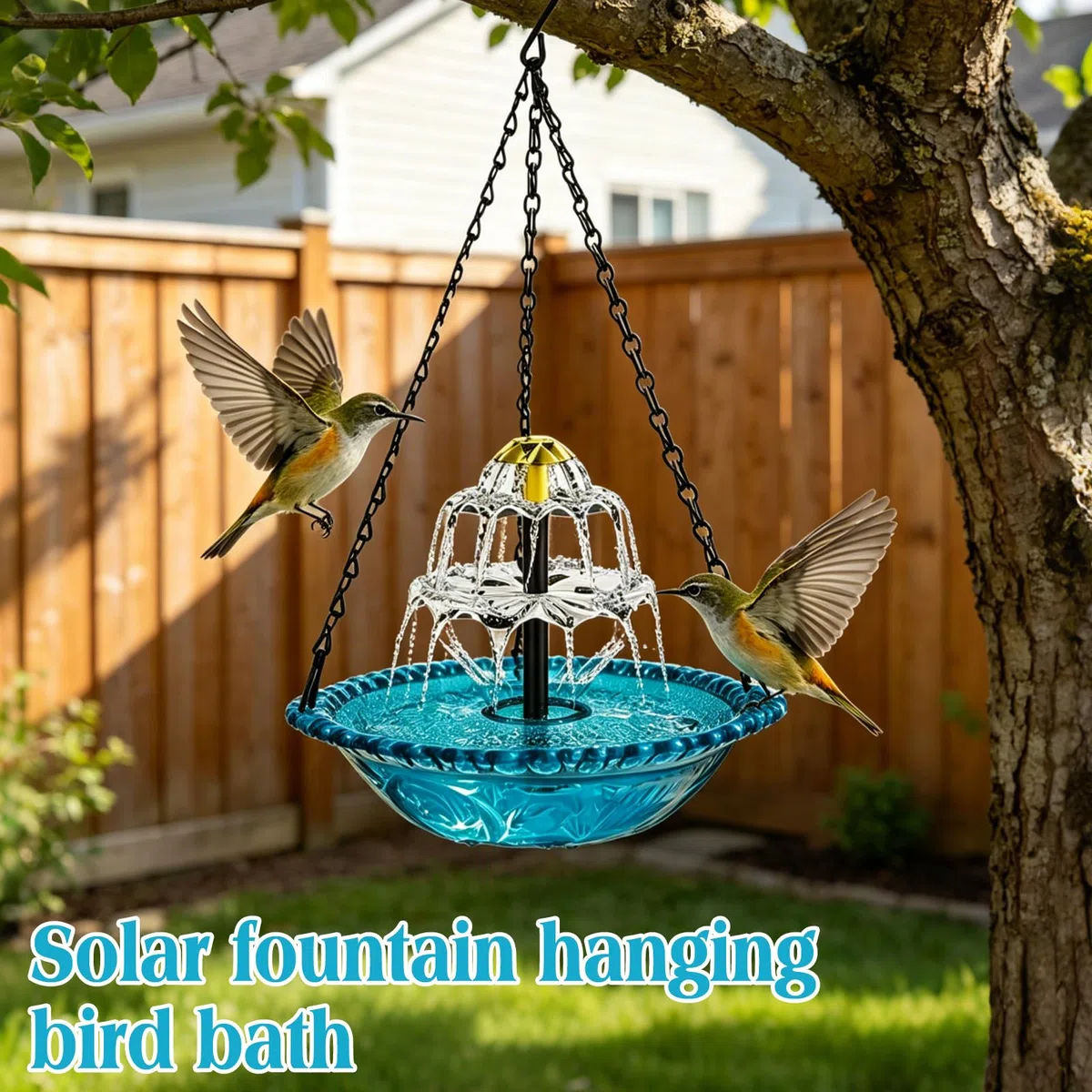 Abbeveratoio per uccelli da appendere con fontana solare, bagno per uccelli, abbeveratoio per uccelli con fontana da appendere, per giardino, balcone, terrazza, con catene in metallo, decorativo