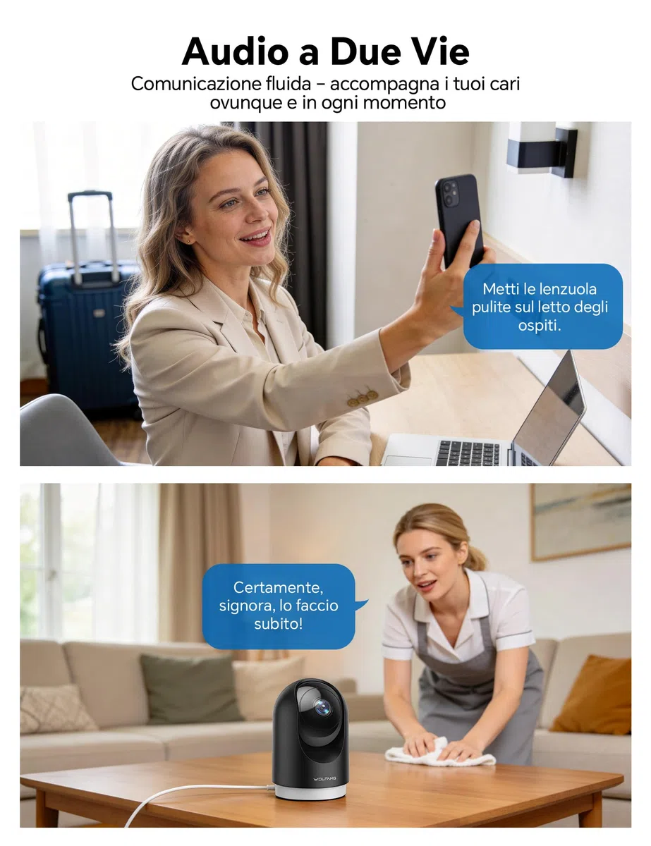 WOLFANG Telecamera Wi-Fi Interno 2K, Telecamera per Cani con Rilevamento Movimento e Visione Notturna, Baby Monitor con Audio Bidirezionale, Compatibile con Alexa/Google, Senza Canone Mensile, 2 Pezzi