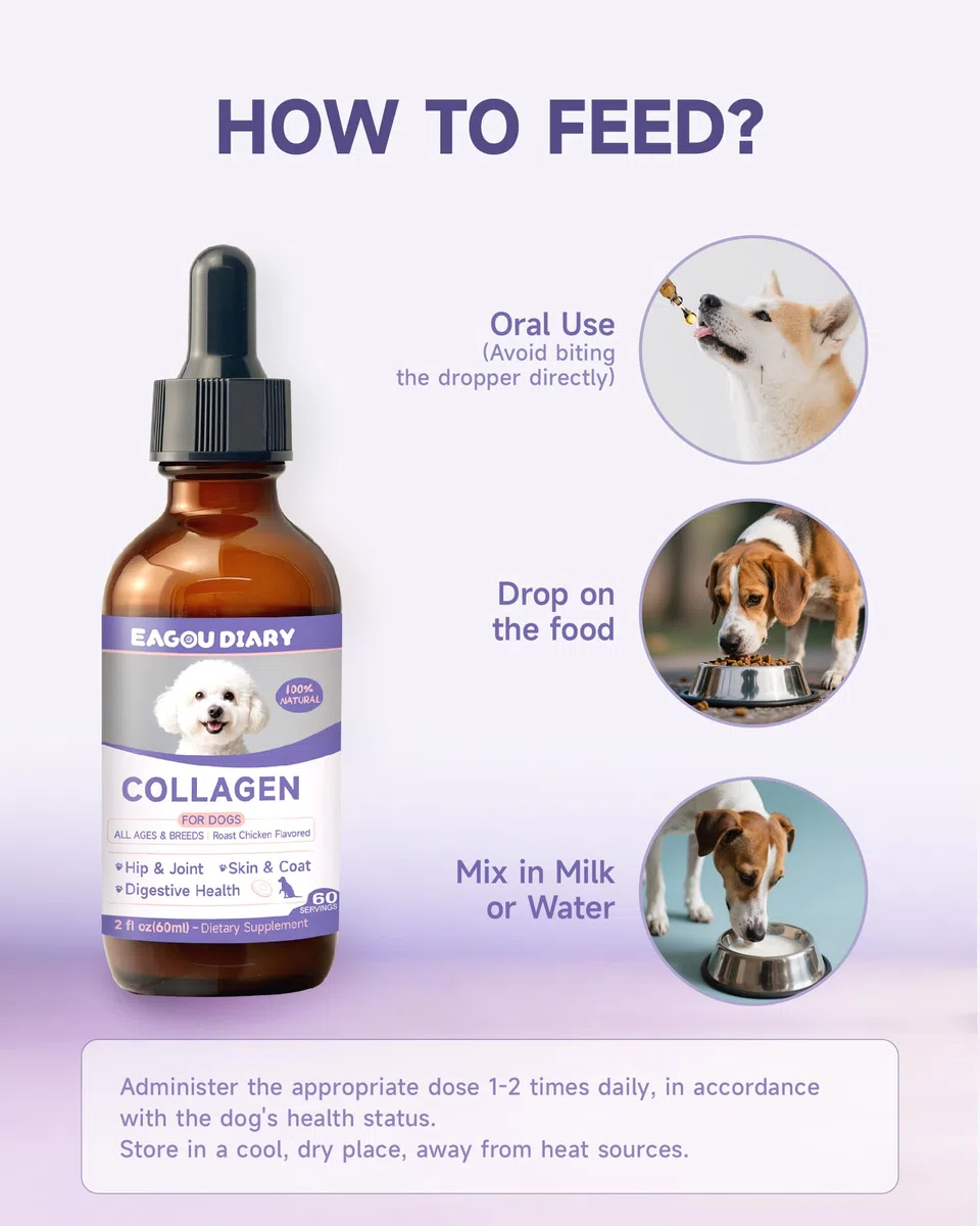 Eagou Diary Collagene per Cani - Supporto per Articolazioni e Flessibilità, Salute della Pelle e del Pelo, Glucosamina, MSM, Olio di Cocco, Vitamina C E, Biotina - Supporto Sistema Immunitario, 60ml