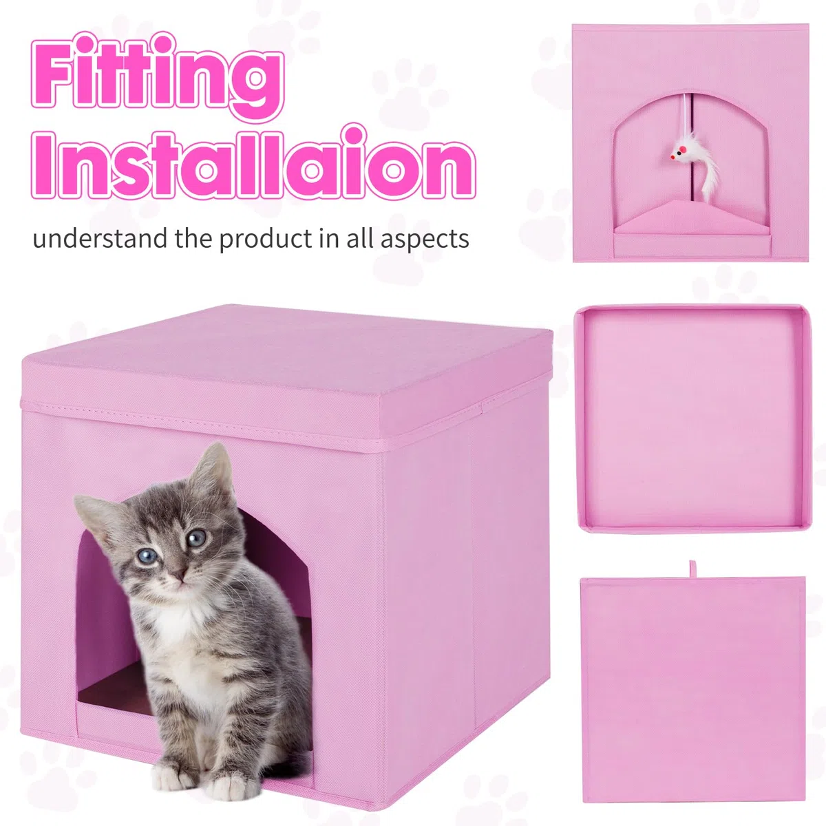 Powerking Cuccia Pieghevole per Gatti o Gattini, Cubo per Felini, 33 x 33 x 33 cm, Rosa