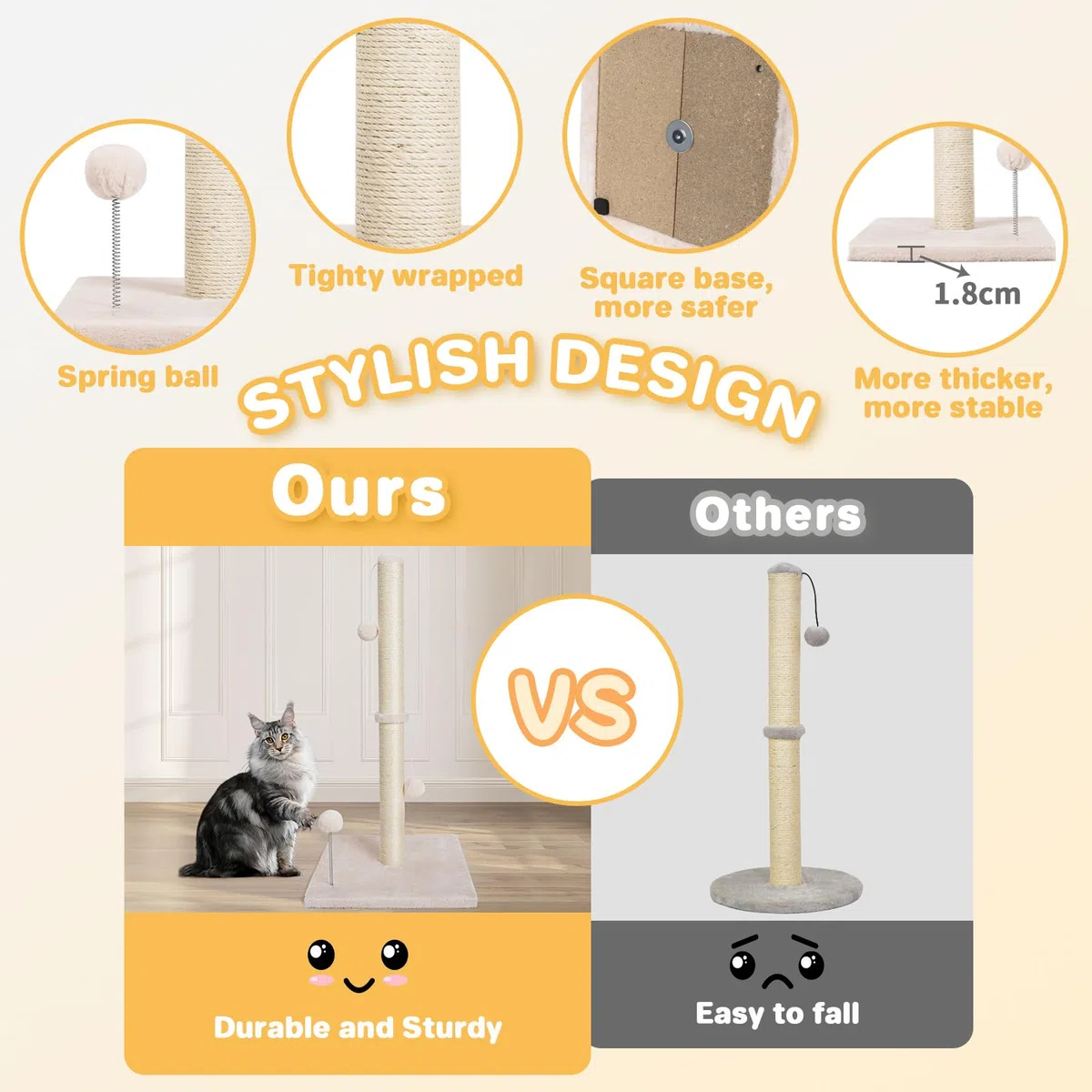 Dohump Tiragraffi per Gatti, 84cm Albero Tiragraffi per Gatti Adulti di Sisal Naturale con Palla Appesa, Base Pesante Ricoperta Morbida Peluche Liscia Per i Gattini, Beige