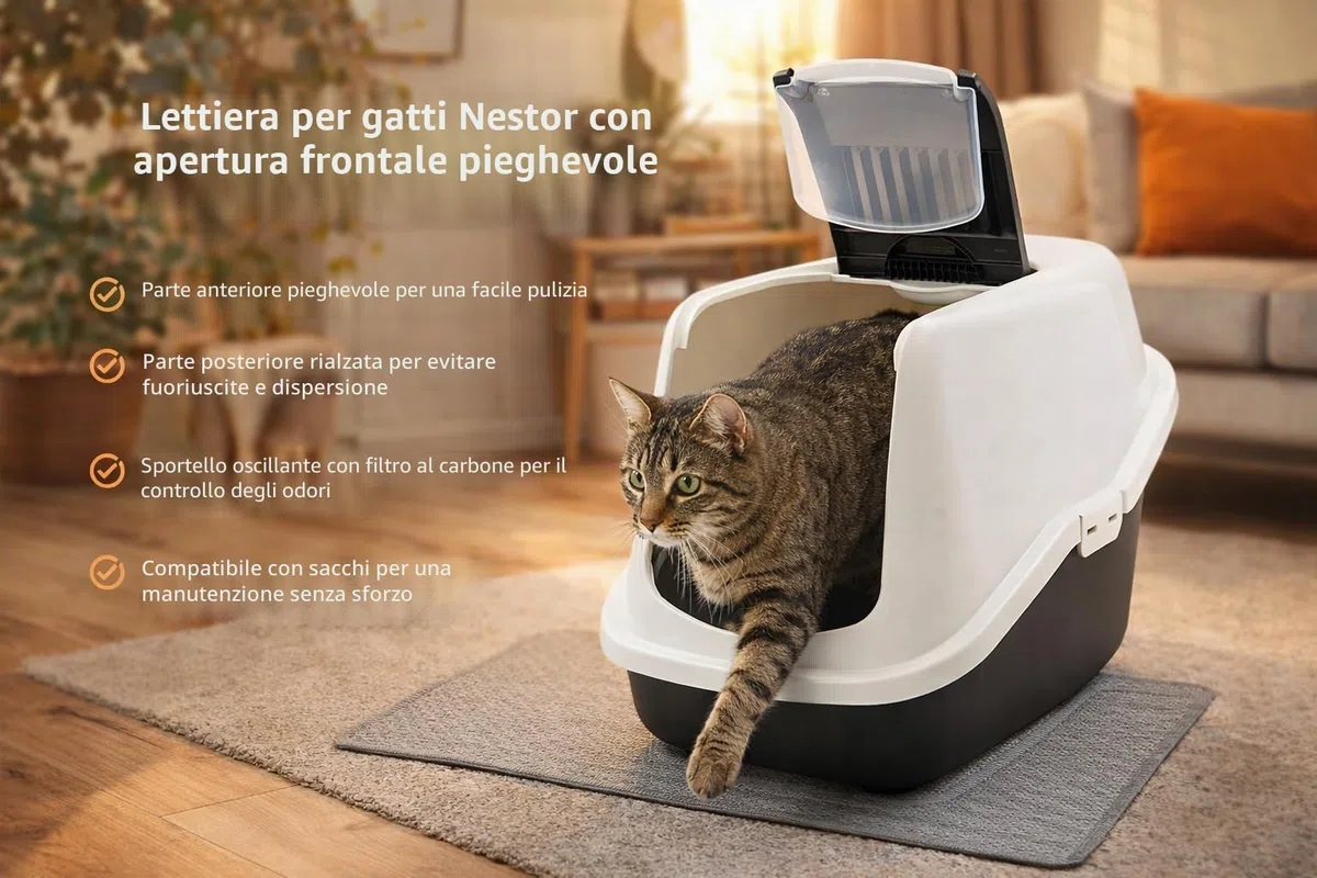 lettiera gatto chiusa - Savic Nestor - verde - con coperchio - frontale apribile - filtro a carbone - design moderno - 56x39x38,5 cm