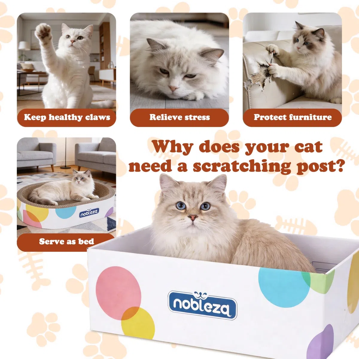 Nobleza Tiragraffi per Gatti 4 in 1 di Cartone Ondulato, Include Cuccia Ovale, Tavola Graffiatoio Piatta, Scatola di Cartone, Palline Giocattolo e Erba Gatta