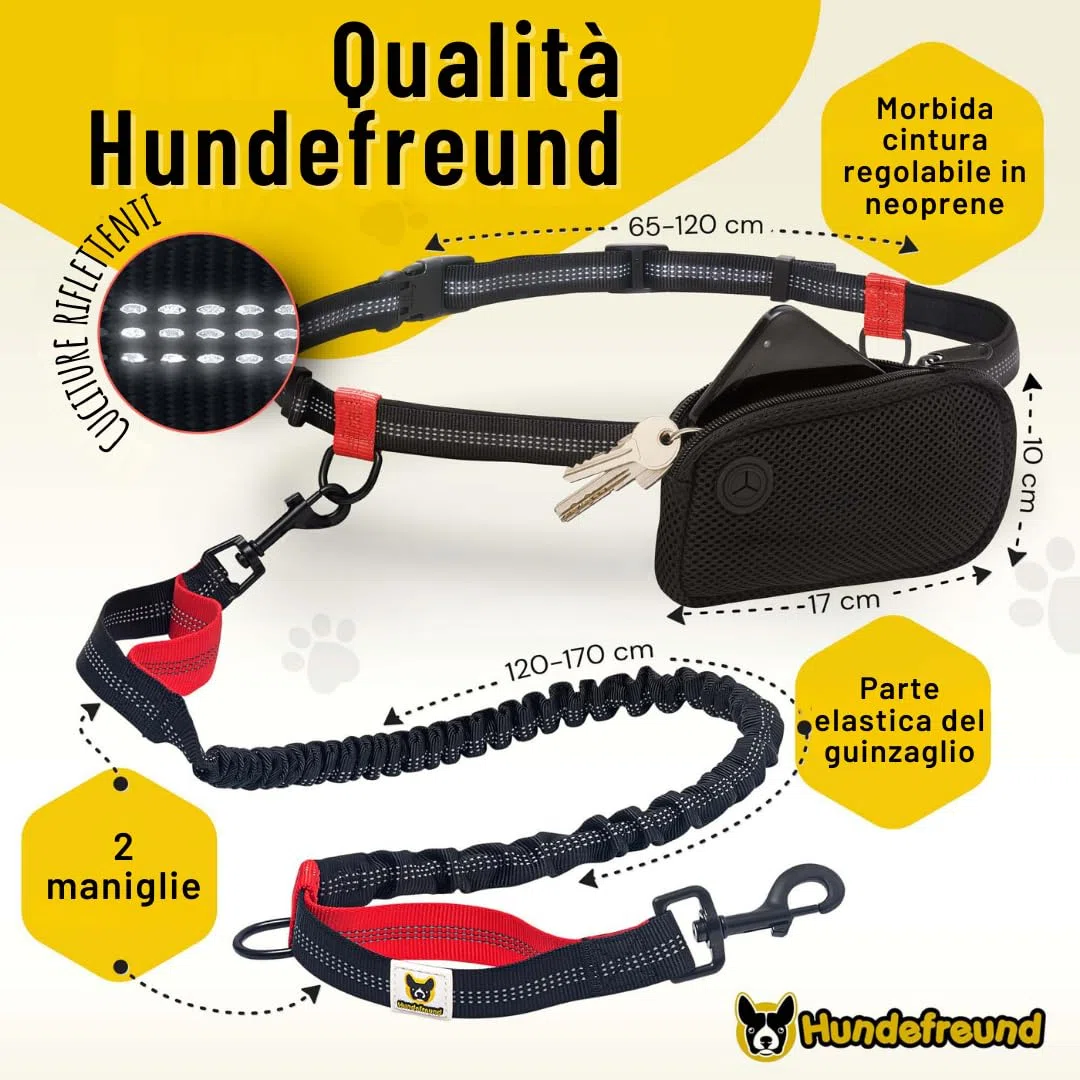 Guinzaglio mani libere per cani da jogging | Rosso e nero elastico e riflettente di 120 – 170 cm | Per corerre, canicross, passeggiate ed escursioni