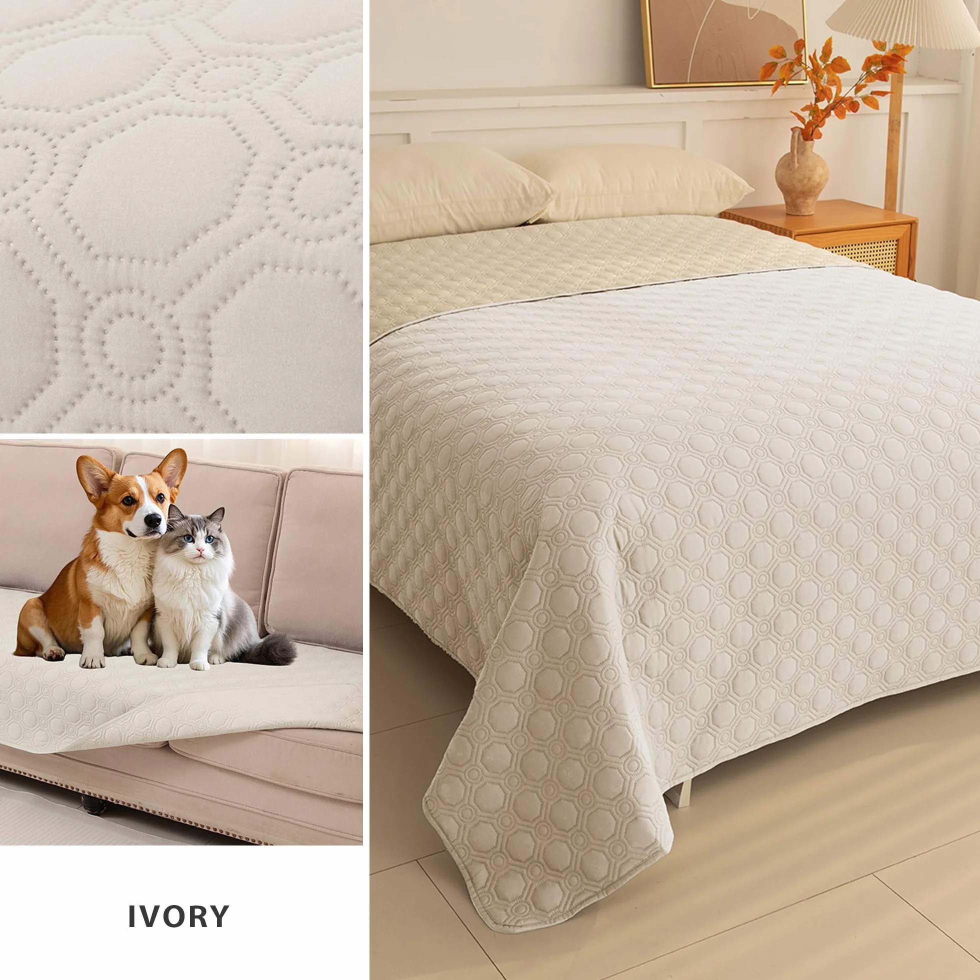 TIANSHU Coperta Impermeabile per Letto e Divano, Copriletto Antiscivolo Lavabile a Doppia Faccia, Coperta Resistente per Cani e Gatti (137x208cm, Beige)