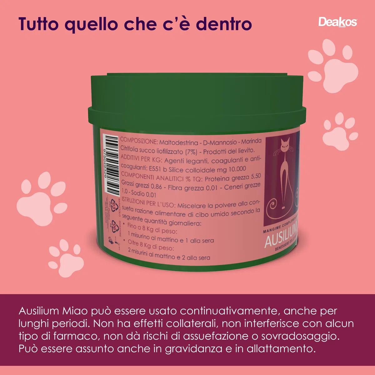 Deakos Ausilium Miao in Polvere 100g - Integratore Gatto per il Benessere delle Vie Urinarie - Con D-Mannosio Puro e Morinda Citrifolia - Integratore per Gatto Senza Glutine e Lattosio