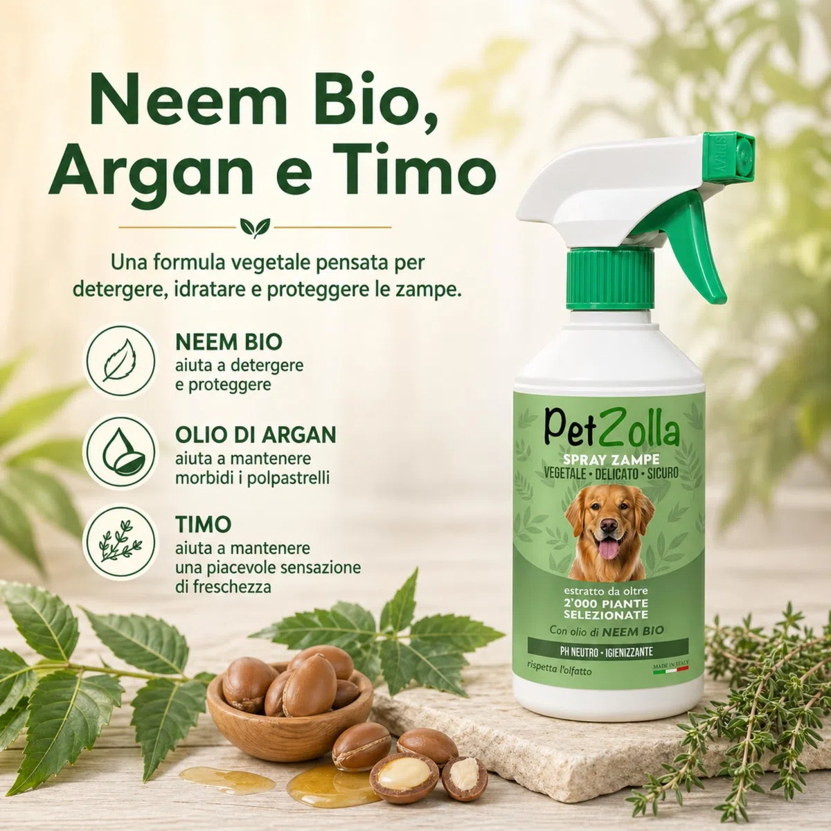 Spray pulisci zampe cane naturale e delicato 750ml, Lava zampe per cani senza risciacquo con olio di neem, argan e timo, azione idratante e protettiva - Made in Italy