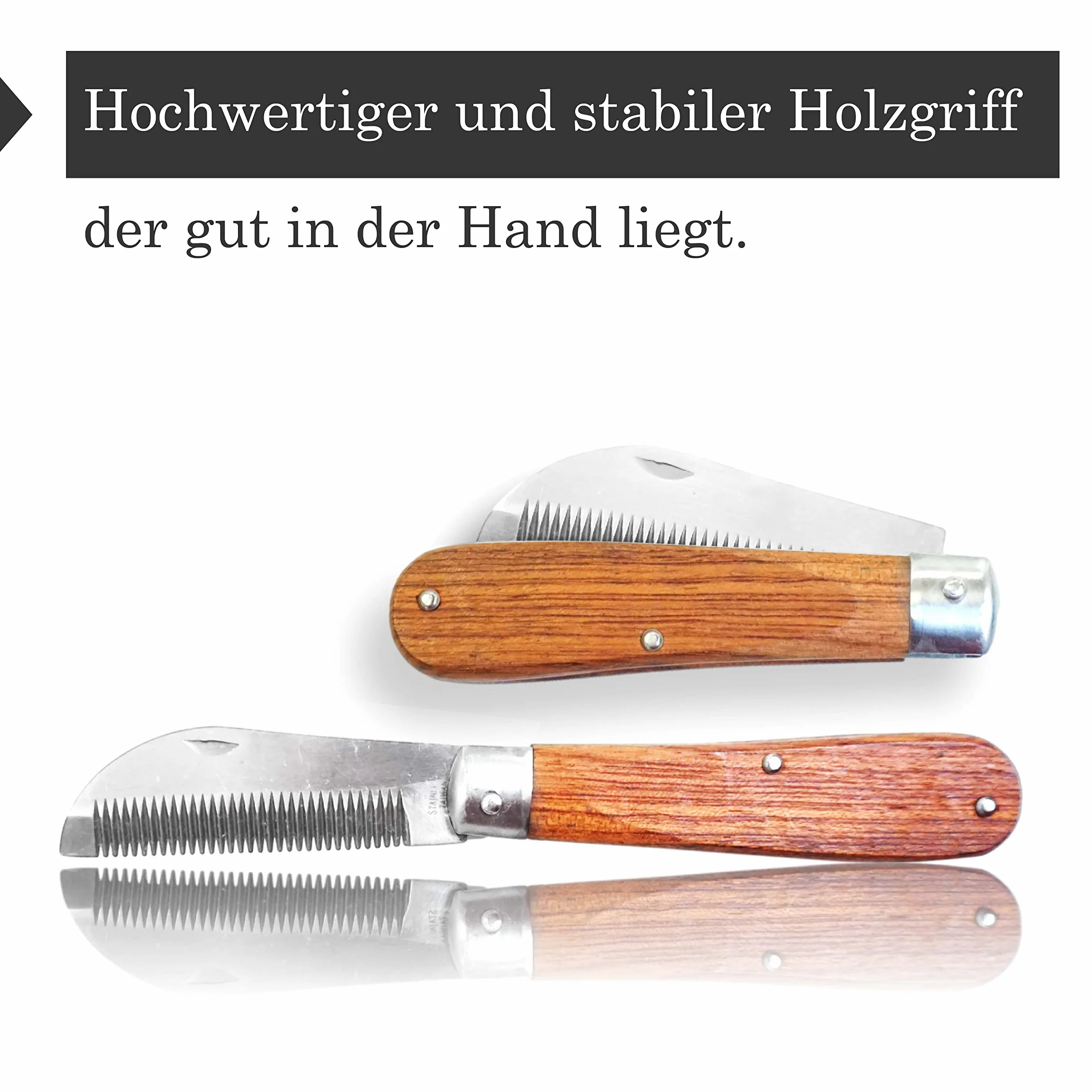 Pferdelinis Coltello da criniera per cavalli, lunghezza 18 cm, pettine per criniera con manico in legno, pieghevole, in acciaio inox (2)