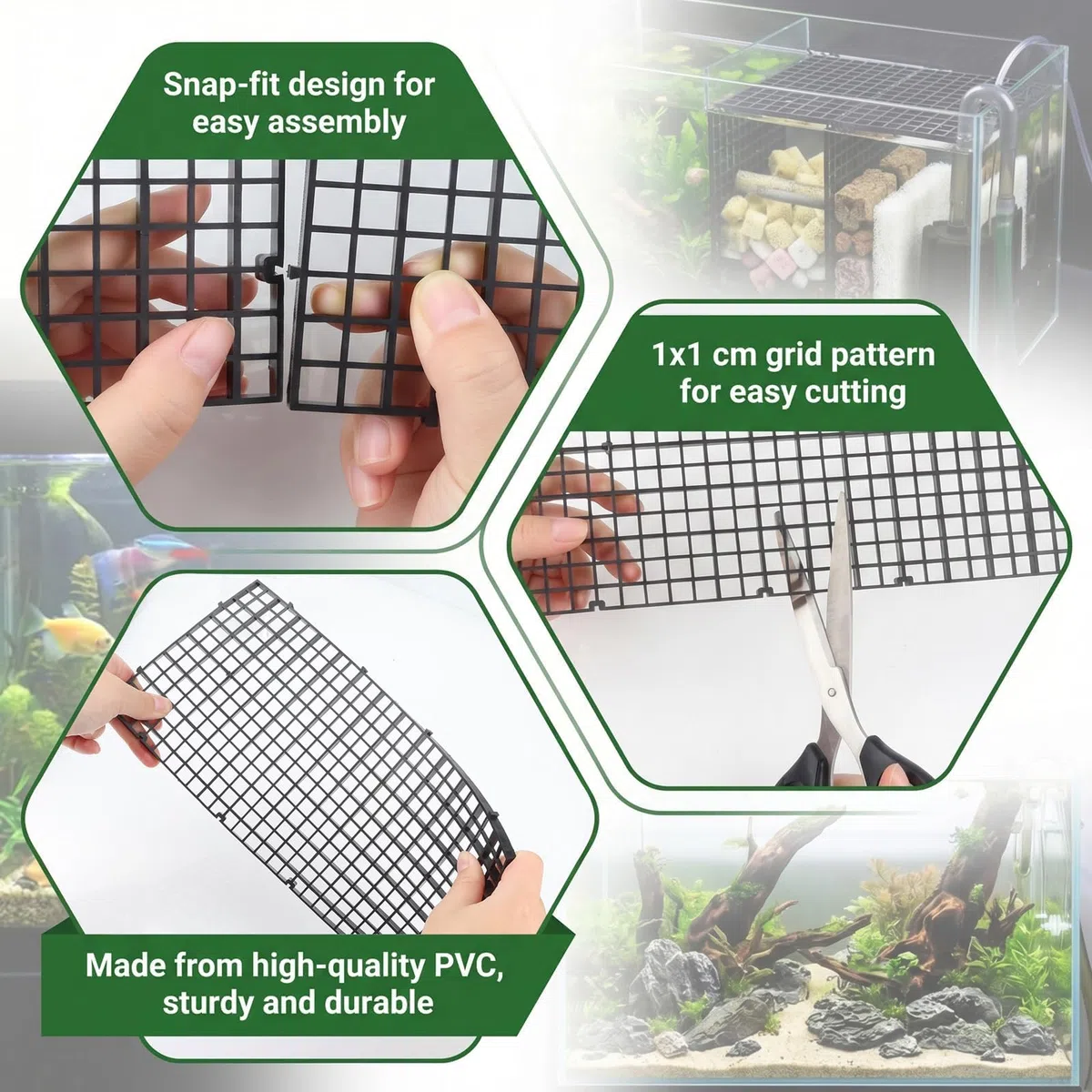 Griglia per Acquario in Plastica 6 Pezzi Divisore per Acquario 30x30 cm Griglia del Filtro dell'Acquari Divisore con 6 Pezzi Clip Ventosa per Filtri e Protezione del Fondo dell'Acquari
