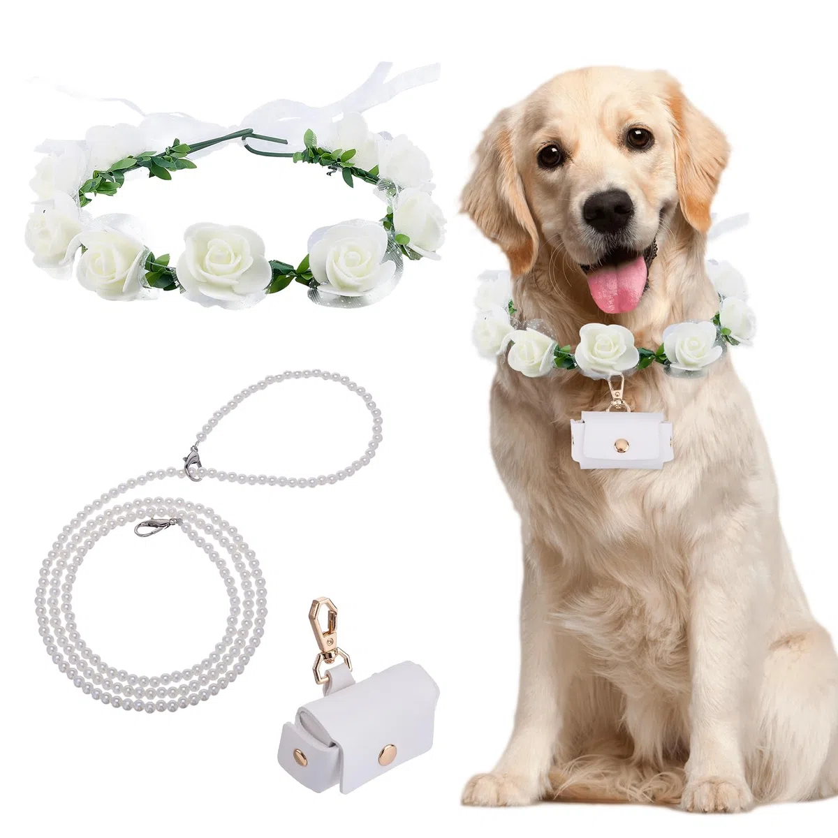 NICENEEDED 3 pz Collare per Matrimonio Cane Set di Fiori, Perle Guinzaglio per Cani con Perline Portafedi Nuziali Portafedi, Papillon Regolabile per Il Collo Del Cane