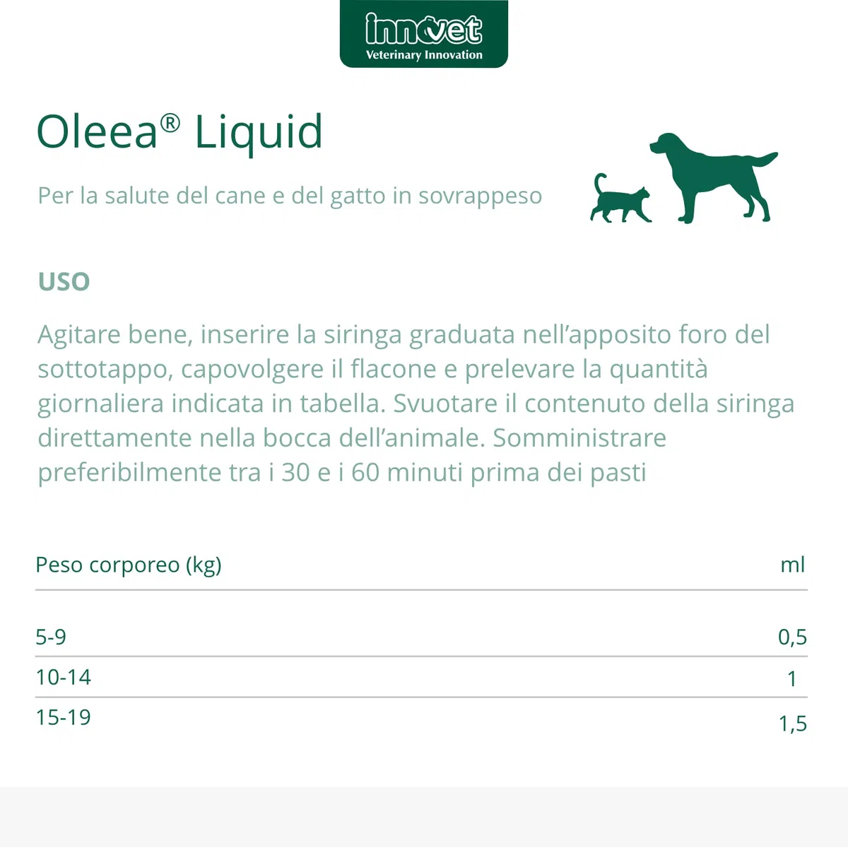 Oleea - Formulazione Liquida, 60 ml - per la Salute del Cane e del Gatto in Sovrappeso o Obeso - Protegge dai Danni Legati all'Eccesso di Grasso Corporeo