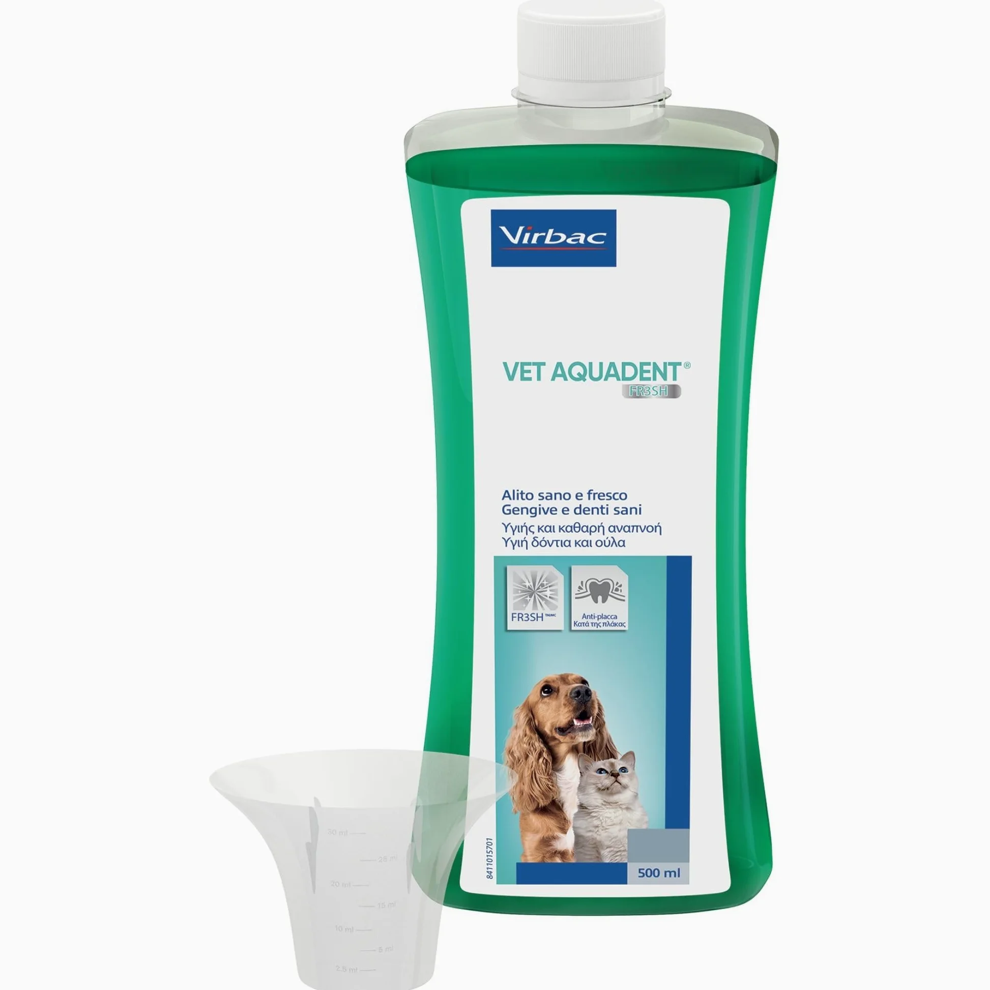 Virbac Aquadent, soluzione per l'igiene dentale di cani e gatti, aroma di menta, flacone da 500 ml