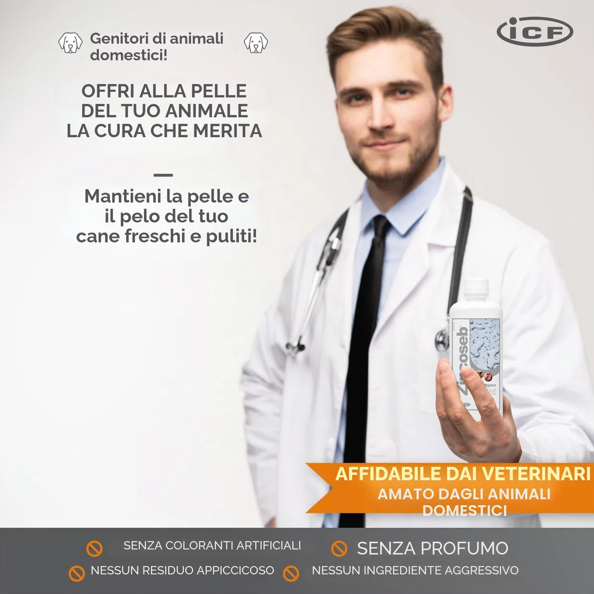 ICF | Zincoseb Shampoo per cani per alleviare il prurito della pelle + antimicotico + antibatterico per cani e gatti | Realizzato per animali domestici con pelle sensibile | 250 ml ICF | Zincoseb