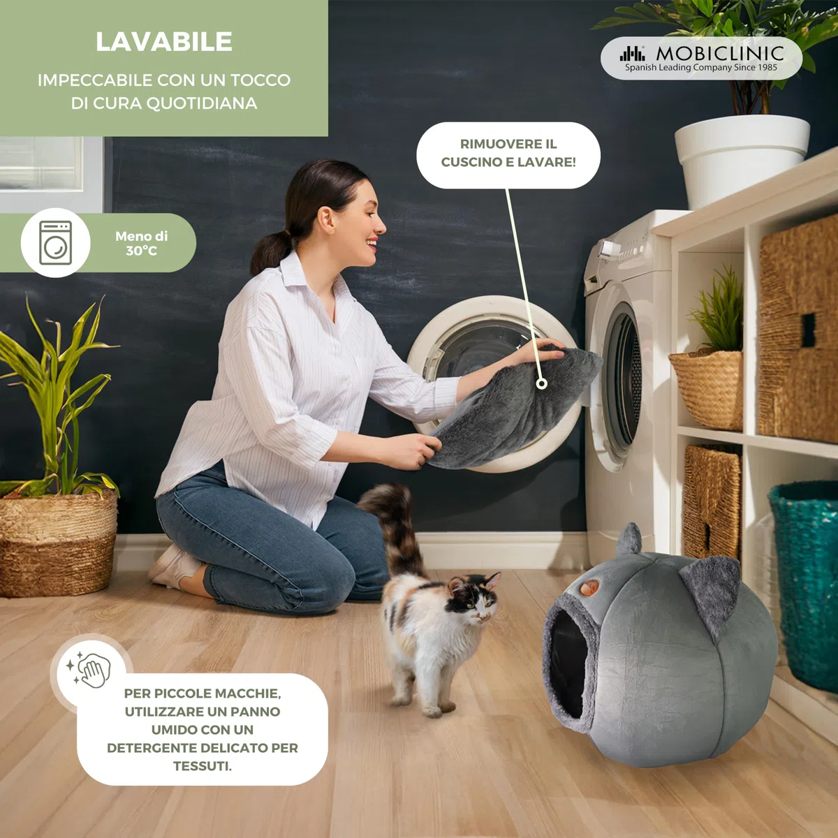 Mobiclinic® pets, Letto per gatti, Cova nido, Hellocatty, Morbido, Lavabile in lavatrice, Facile da piegare e riporre, Antiscivolo, Cuscino confortevole rimovibile, Spugna 25d, Design moderno