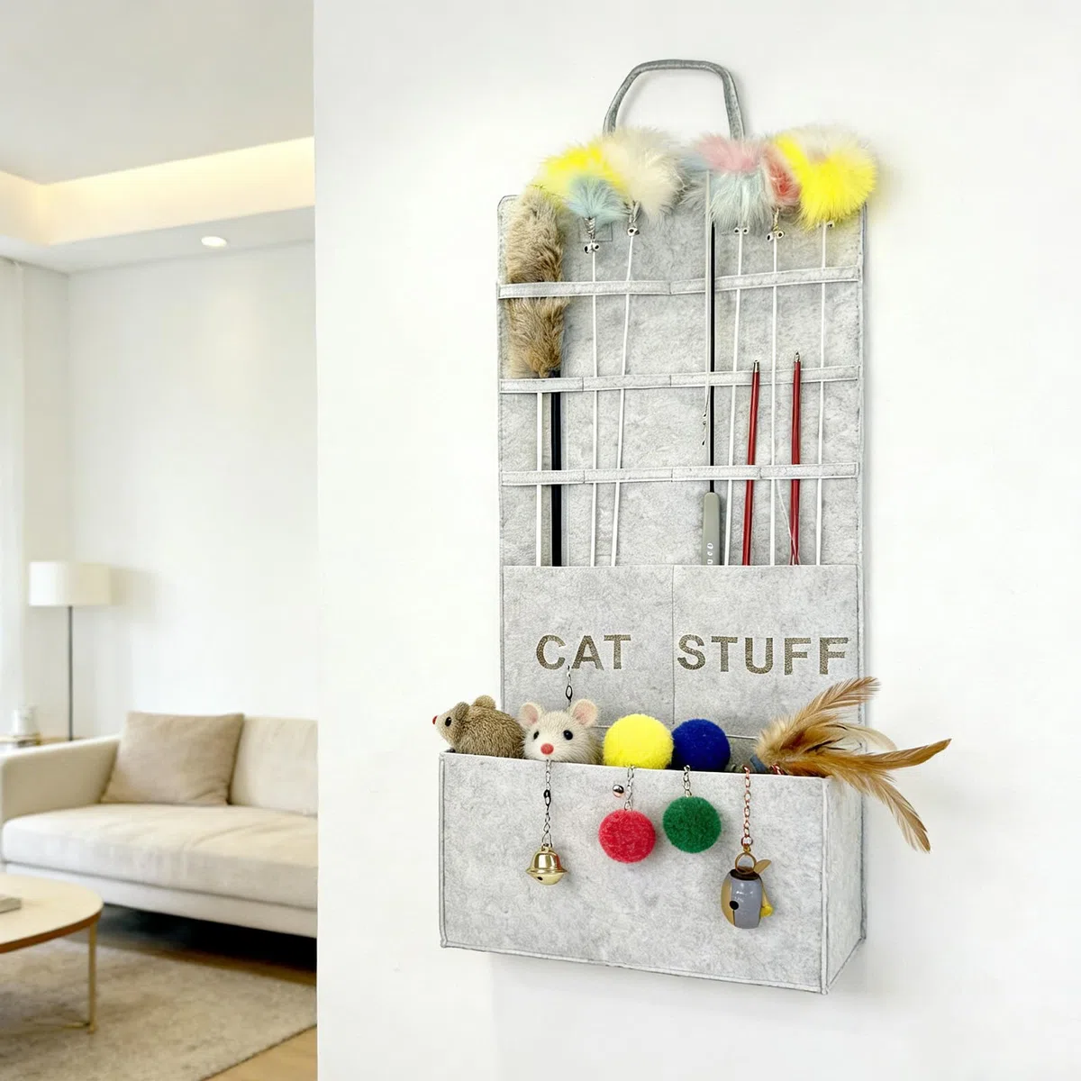 FARYODI Contenitore per la pesca dei gatti, organizzatore per gatti e giocattoli, scatola per giocattoli per gatti, grigio, 40 x 80 x 20 cm