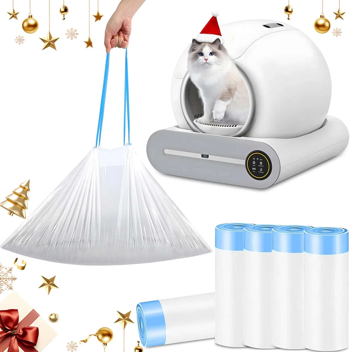 Sacchetti Lettiera Gatto per Coulisse 5 Rotolo, Sacchetti per Lettiera Autopulente, Durevole, Resistente Agli Strappi per Lettiera Gatto Autopulente(75 Pezzi)